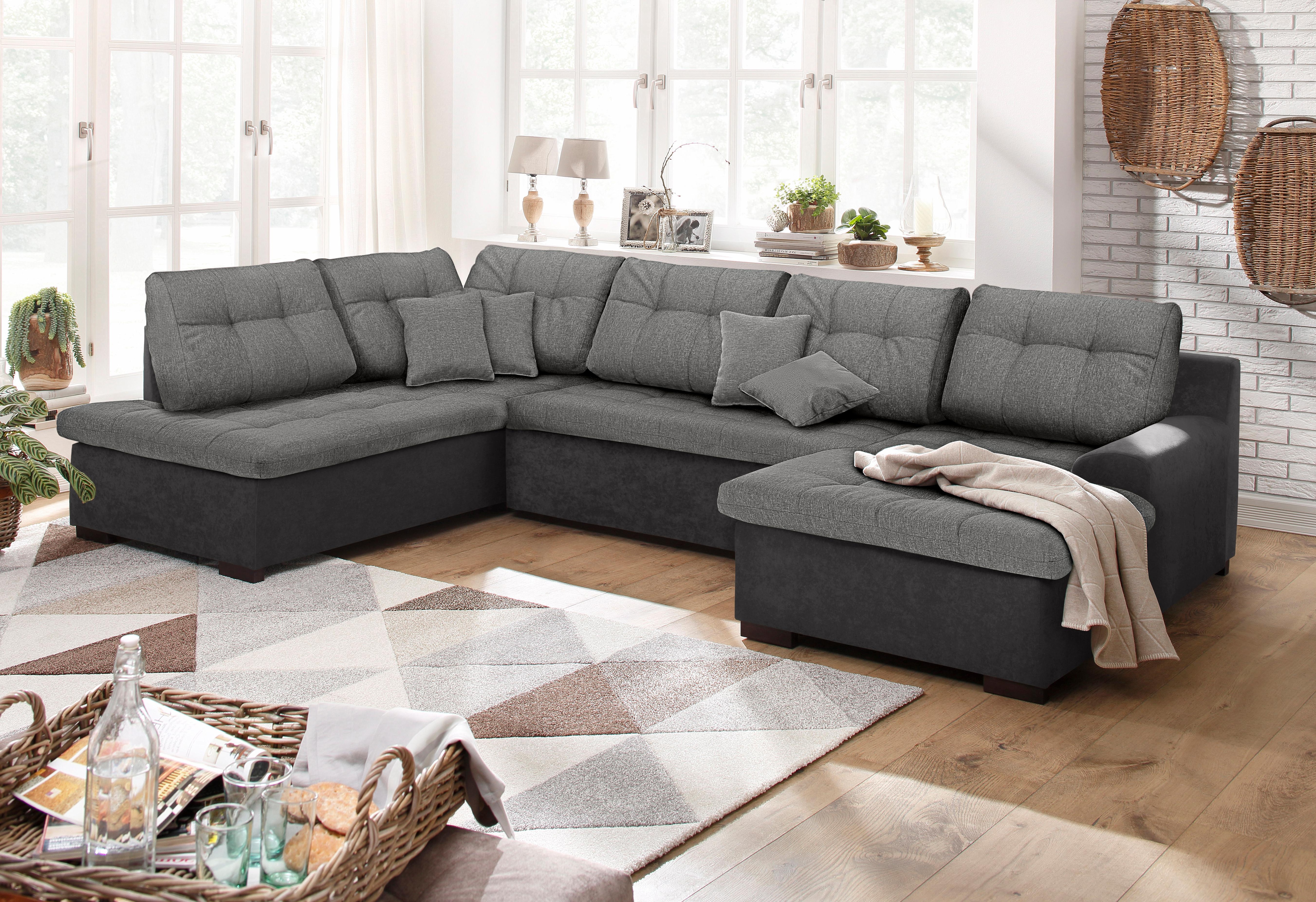 Wohnlandschaft HOME AFFAIRE "Föhr U-Form", grau (hellgrau), B:310cm H:75cm T:200cm, 100% Polyester PRIMABELLE/Webstoff;100% Polyester Melrose/Struktur grob;100% Polyester Luxus-Microfaser/Struktur, Sofas, Wohnlandschaft, wahlweise mit Bettfunktion