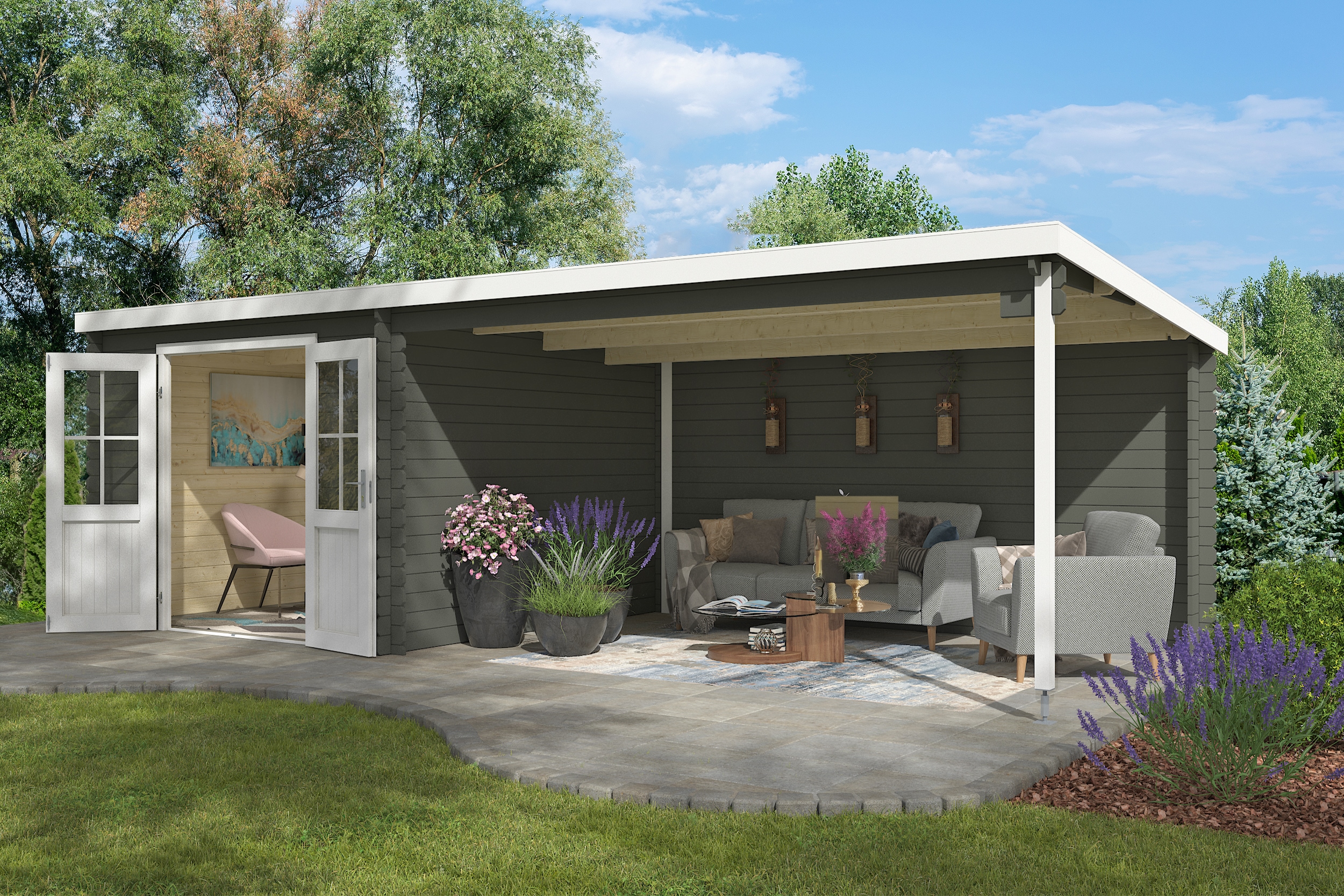 Gartenhaus NORDIC HOLZ "St. Louis", grün (grüngrau), ohne Fußboden, Rückwand, Massivholzdach, Holz, Gartenhäuser