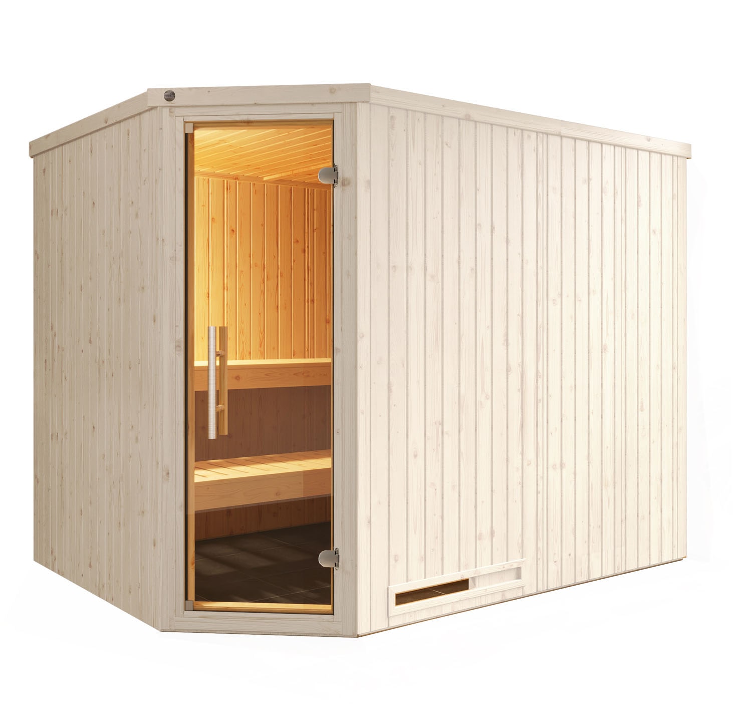 Sauna WEKA "Element-Ecksauna VARBERG 4", weiß, ohne Ofen, ohne Steuerung, (ohne Ofen), Saunen, vorgefertigte Elemente, moderne Ganzglastür