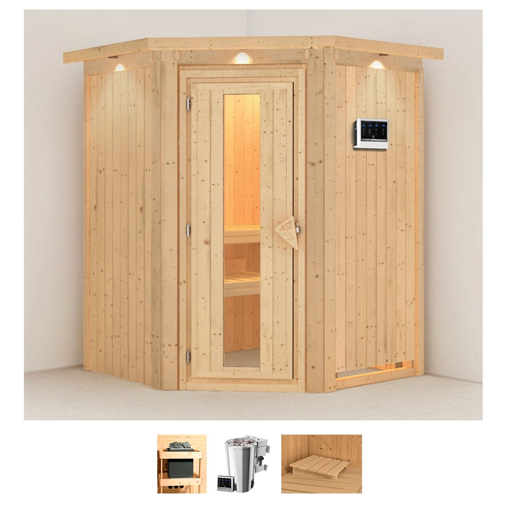 Sauna KARIBU "Nanna", beige (naturbelassen), Bio-Kombiofen, externe Steuerung, 3,6 kW, Saunen, 3,6-kW-Bio-Plug & Play Ofen mit externer Steuerung Image