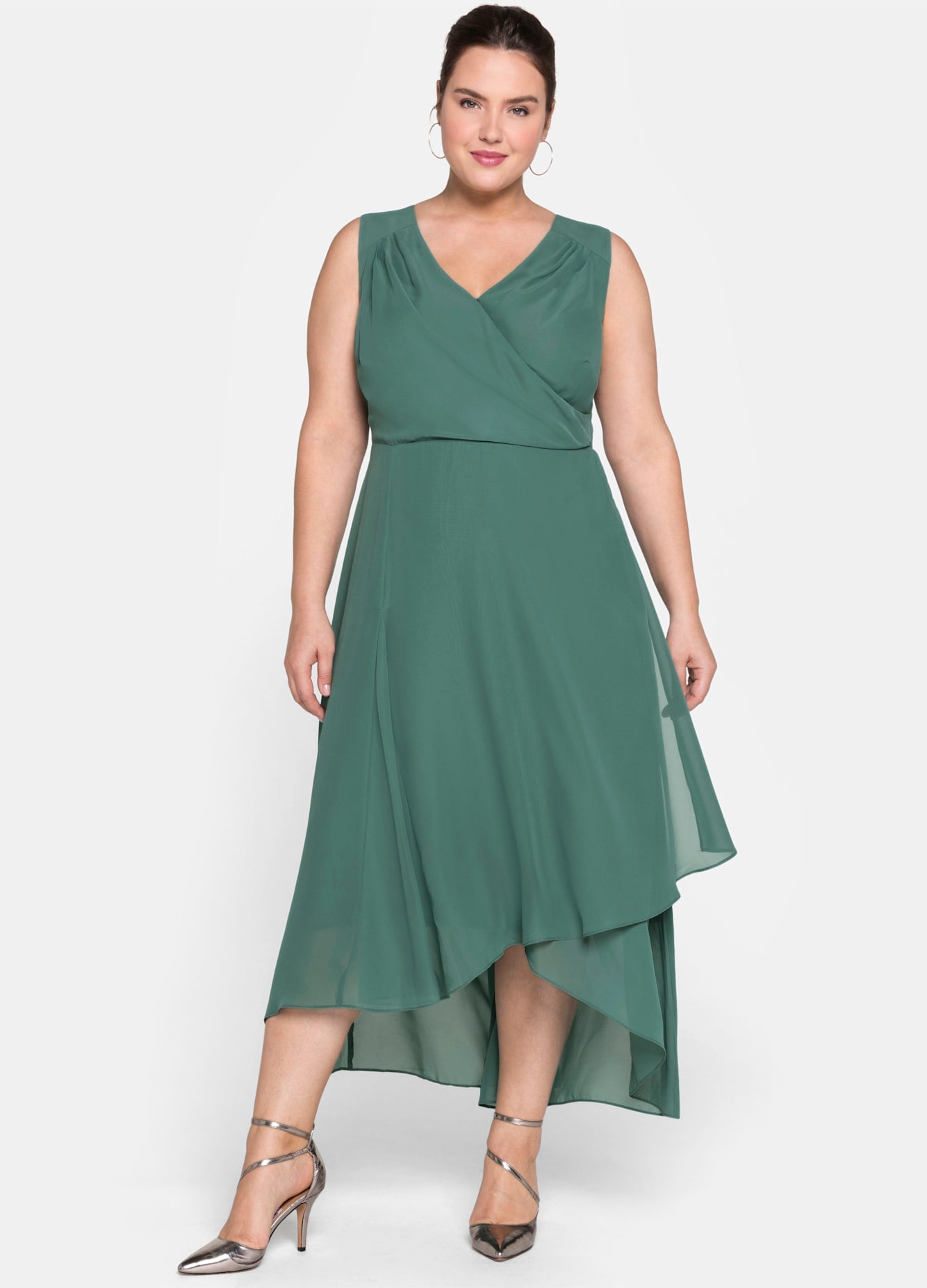Abendkleid SHEEGO "Abendkleid", Damen, Gr. 46, Normalgrößen, grün (opalgrün), 100% Polyester, unifarben, lang, V-Ausschnitt, Kleider Image
