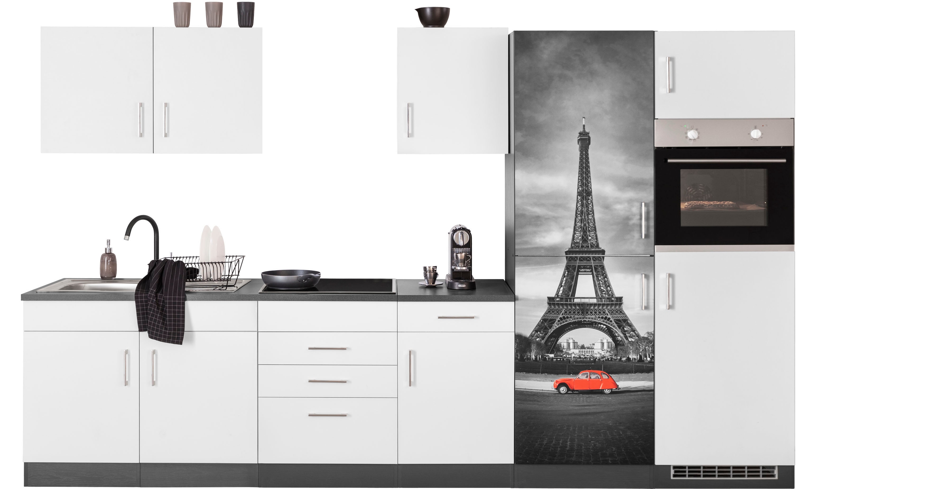 Küchenzeile KOCHSTATION "KS-Paris", weiß (küche: weiß, korpus: grafit, arbeitsplatte: anthrazit), B:330cm T:60cm, Komplettküchen-Sets, ohne E-Geräte, Breite 330 cm Image