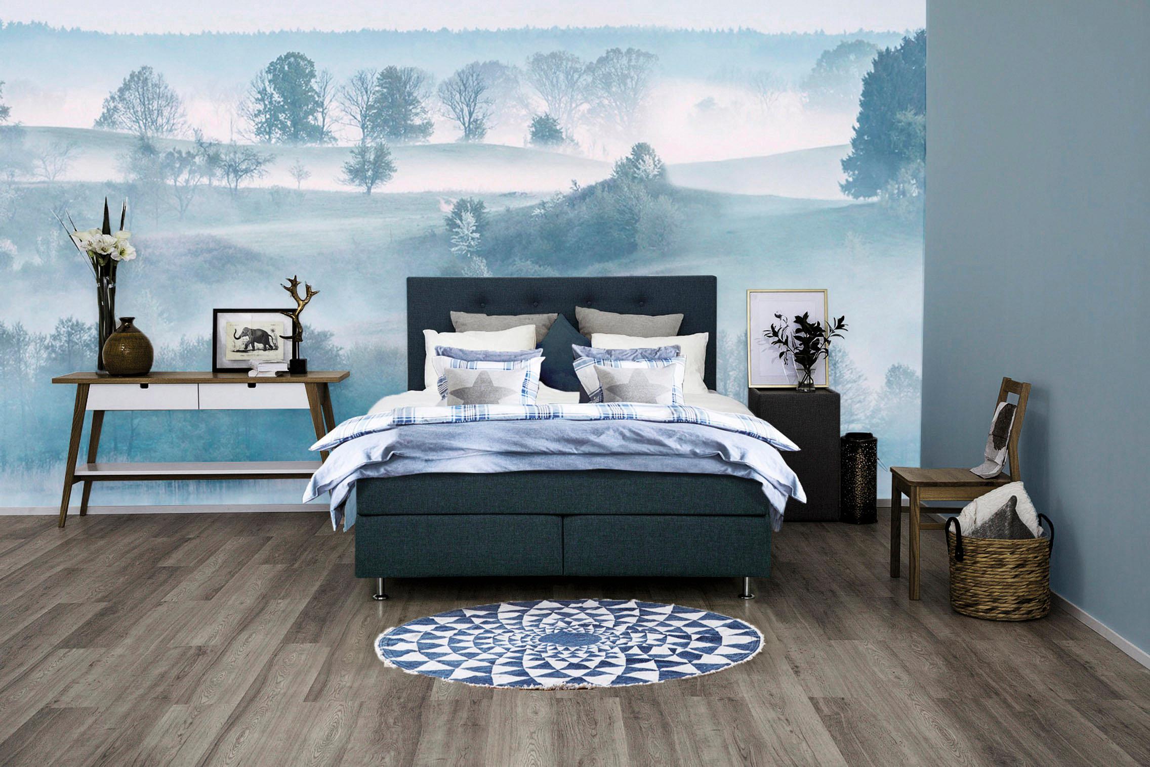 Boxspringbett PLACES OF STYLE "Nordica", blau (dunkelblau), B:140cm L:208cm, Struktur (100% Polyester), Komplettbetten, Boxspringbett, inkl. Topper, auch in Überlänge 200/220 cm Image