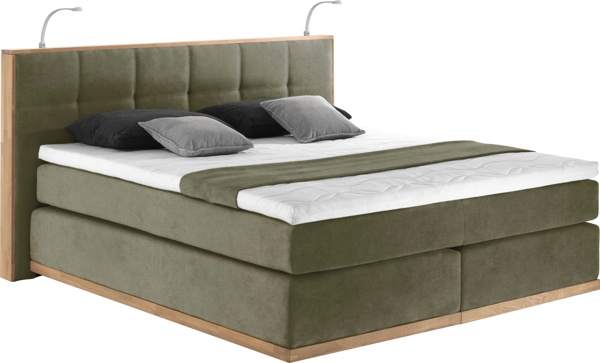Boxspringbett PLACES OF STYLE "Vinton", grün (olive), B:220cm L:213cm, Komplettbetten, Boxspringbett, aus Eiche, mit LED-Beleuchtung, verschiedene Härtegrade (auch H4) Image