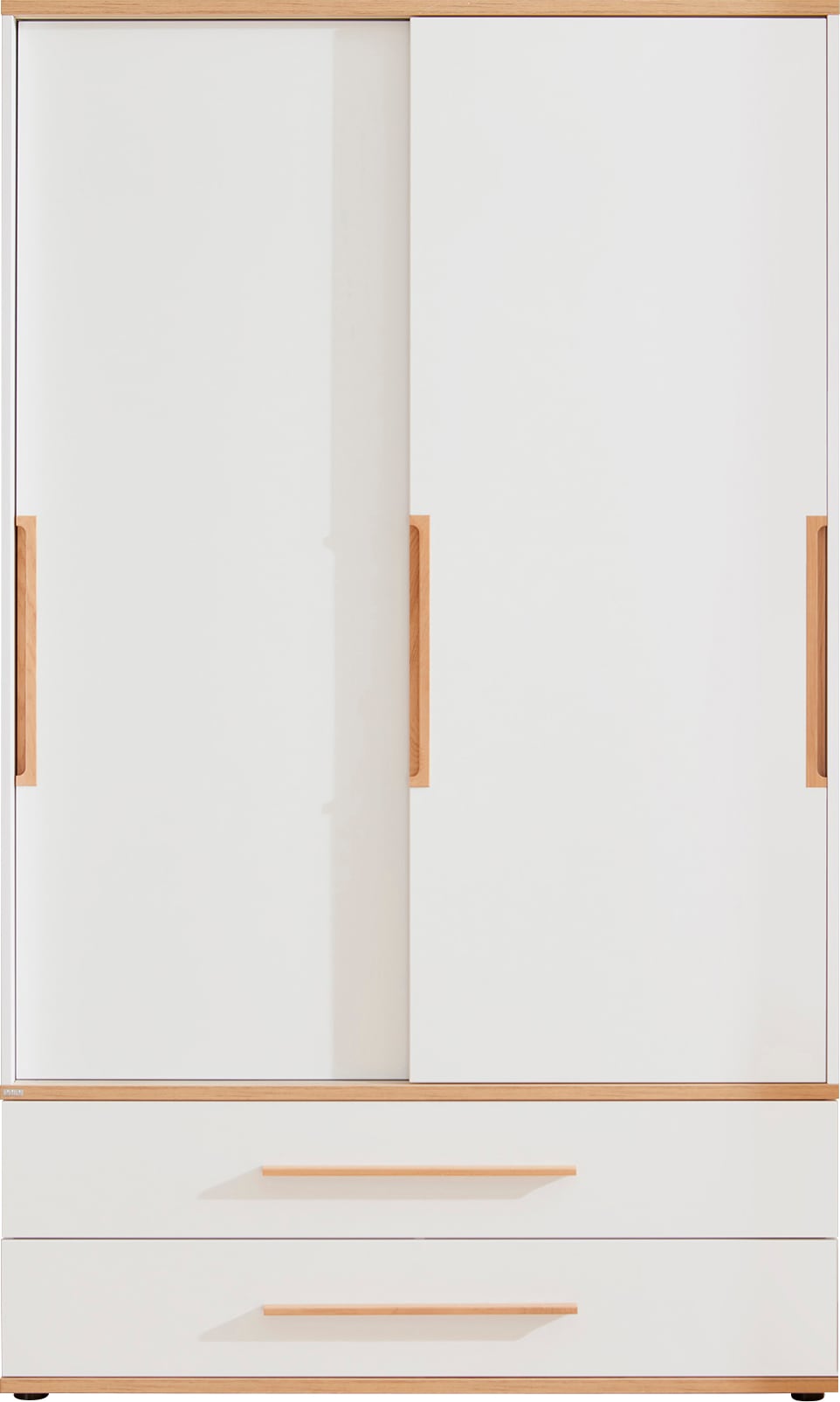 Kleiderschrank PAIDI "YOLANDA in Weiß mit Eiche-Dekor, 2 Schiebetüren und 2 Schubladen", weiß (kreideweiß, eiche, montana), B:123,5cm H:206,8cm T:62cm, Schränke, Kleiderschrank, inkl. Kleiderstangen und Einlegeböden, Massivholz-Griffe, Soft-Close