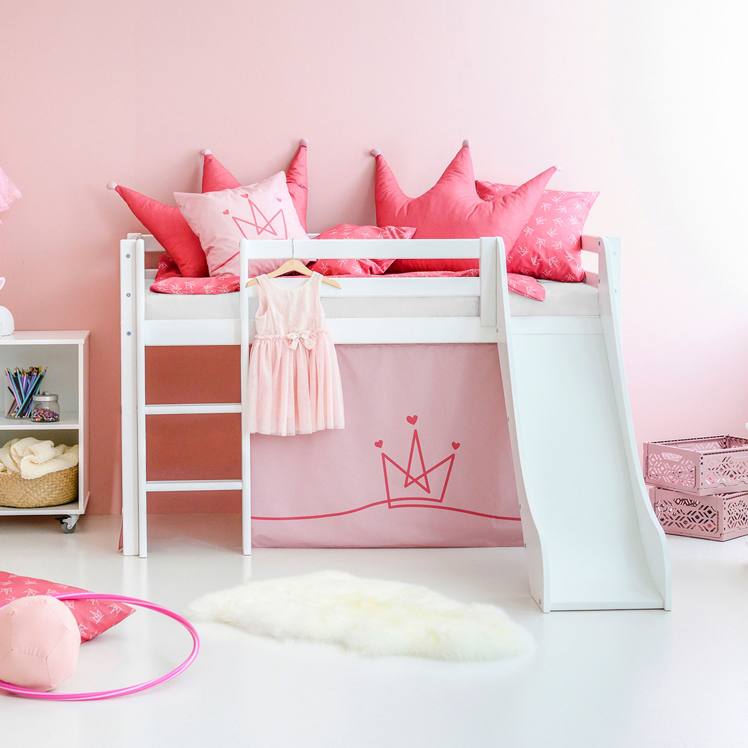 Hochbett HOPPEKIDS "«Princess»", weiß (weiß, pale rose, weiß, weiß), B:81cm H:9cm L:168cm, Bett: 100% Massivholz, Nordische Kiefer;Rutsche: MDF;Vorhang: 100% Baumwolle, Hochbetten, Hochbett, Rutsche & Vorhang Rosa und viel Auswahl
