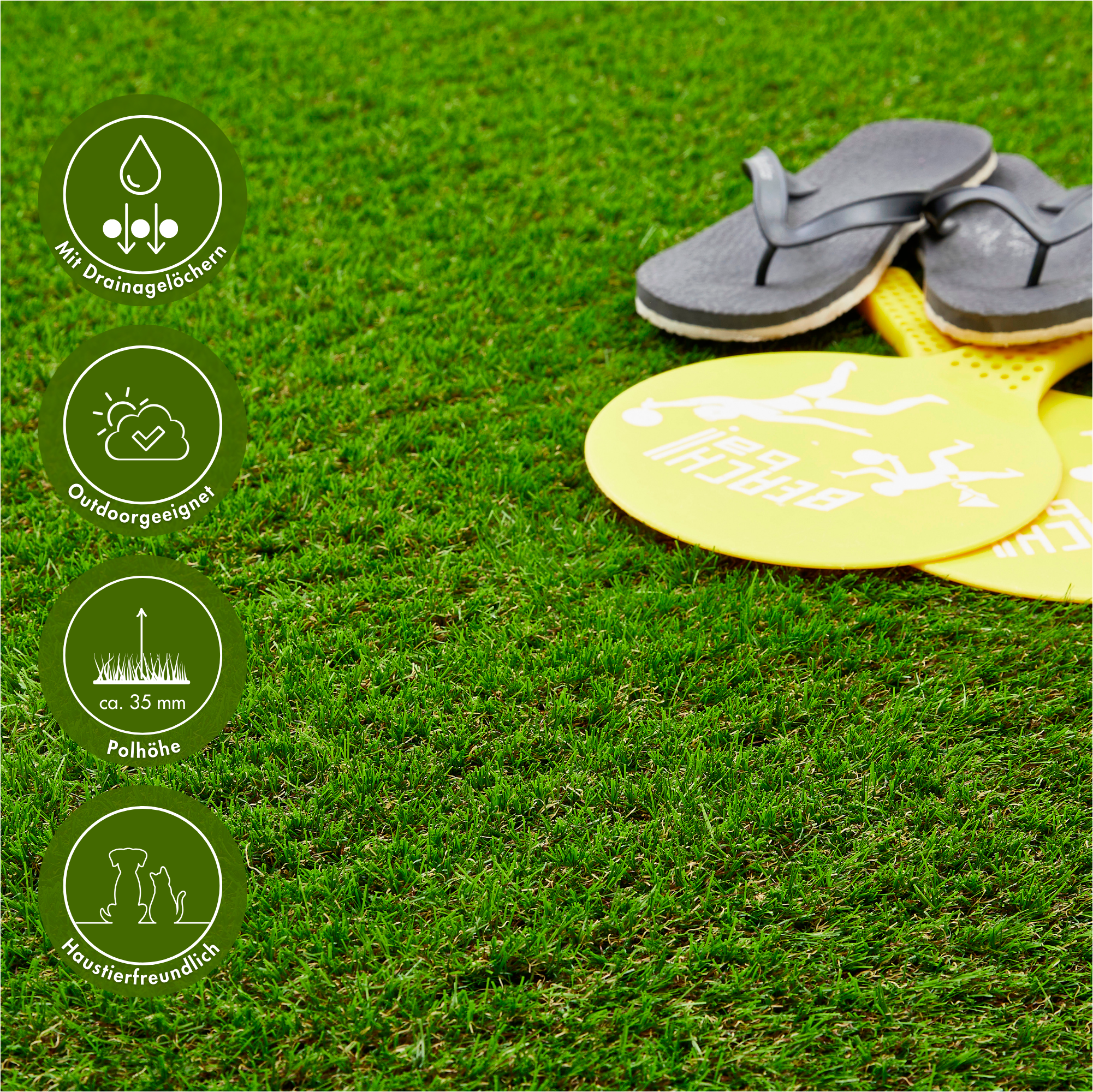 Kunstrasen ANDIAMO "Mykonos, Premium-Qualität, Made in Belgium", grün, B:400cm H:37mm L:500cm, Kunstfaser, Teppiche, natürliche Optik, mit Drainagefunktion, für Balkon, Terrasse, & Garten