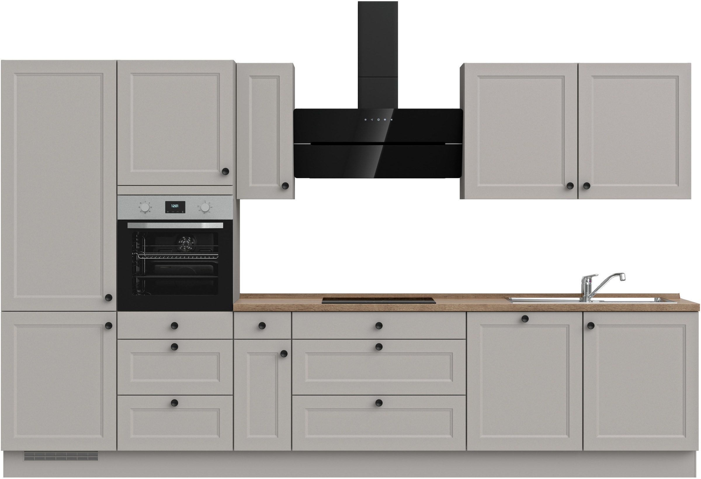 Küchenzeile NOBILIA "Cascada II", grau (küche: grau, korpus: lacklaminat steingraufarben, arbeitsplatte: eiche havanna nachbildung), B:360,3cm H:216,6cm T:60cm, Komplettküchen-Sets, vormontiert, Breite 360 cm, Ausrichtung wählbar, wahlw. mit... Image