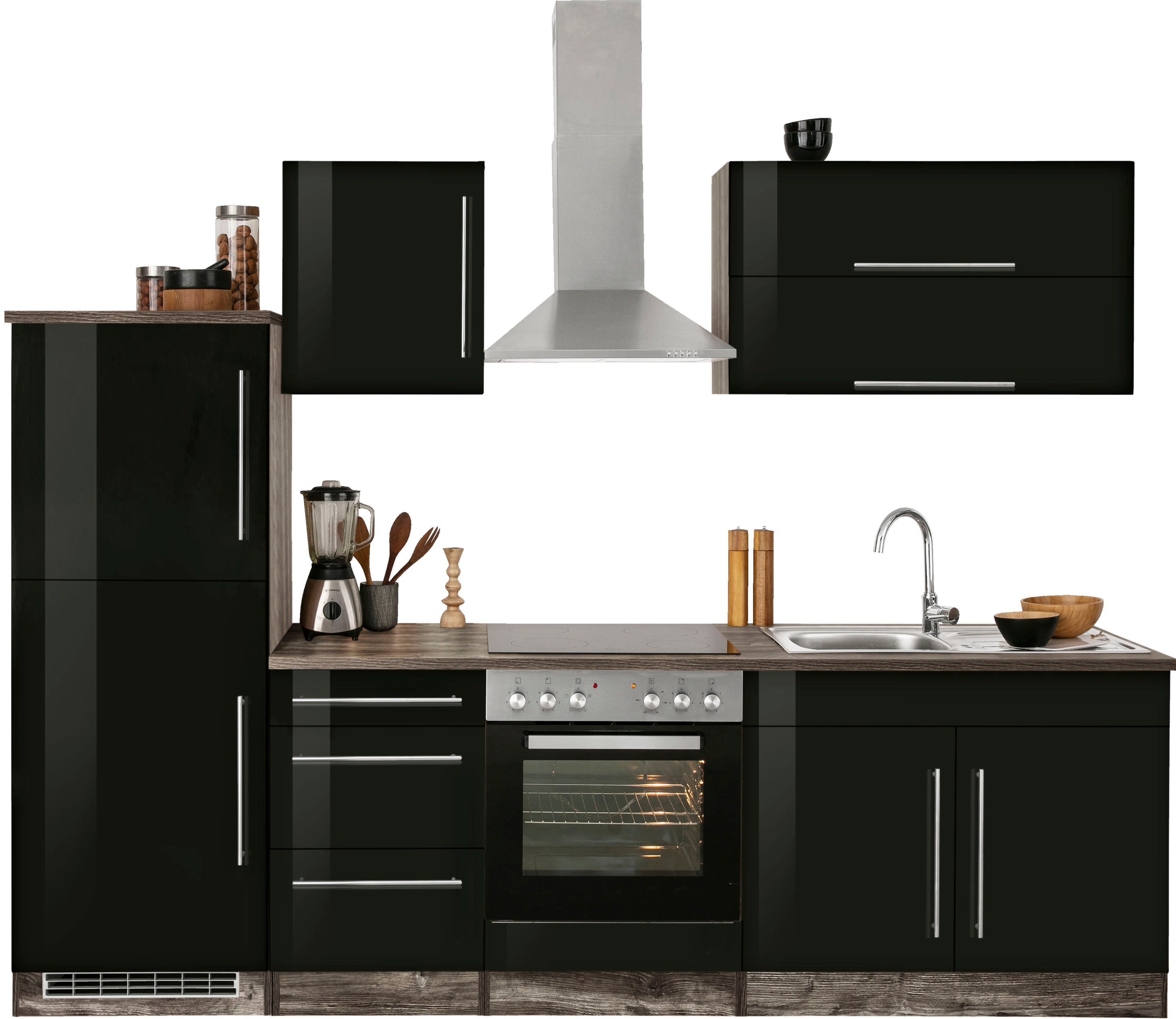 Küchenzeile KOCHSTATION "KS-Samos", schwarz (küche: schwarz, front: schwarz hochglanz, korpus: eiche vintage, arbeitsplatte: eiche vintage), B:270cm H:200cm T:60cm, Komplettküchen-Sets, Küchenzeile, Breite 270 cm, wahlweise mit E-Geräten, mit... Image