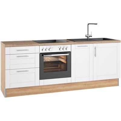 Küchenzeile KOCHSTATION "KS-Ahus", front: weiß matt, korpus: wildeichefarben, arbeitsplatte: eichefarben struktur, B:225cm H:90,8cm T:60cm, Komplettküchen-Sets, Küchenzeile, 225 cm breit,wahlweise mit E-Geräten,Soft Close Funktion, MDF Fronten Image