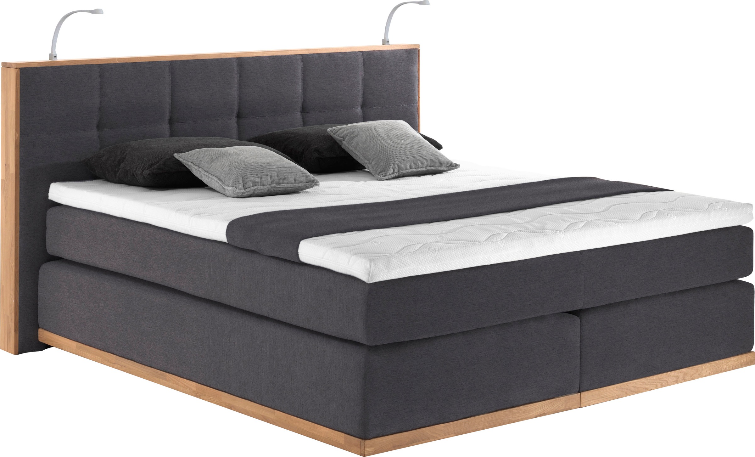 Boxspringbett PLACES OF STYLE "Vinton", grau (anthrazit), B:220cm L:213cm, Komplettbetten, Boxspringbett, aus Eiche, mit LED-Beleuchtung, verschiedene Härtegrade (auch H4) Image