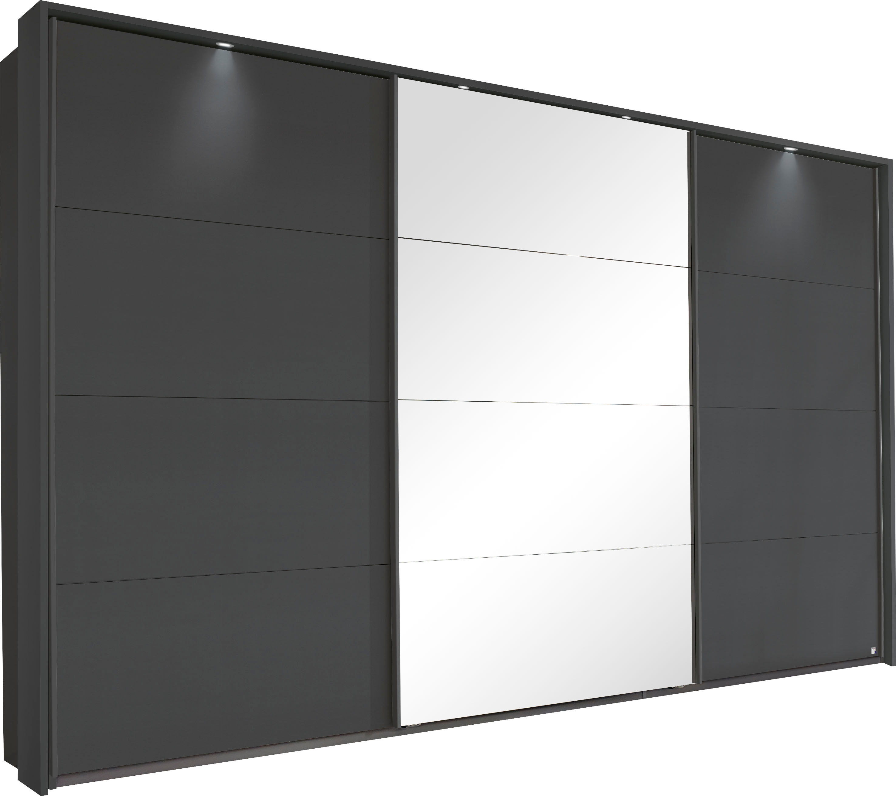 Schwebetürenschrank RAUCH "Kleiderschrank Schrank Garderobe Schlafzimmerschrank TUBONA", grau (graumetallic), B:368cm H:214cm T:64cm, Holzwerkstoff, Schränke, Schwebetürenschrank Kleiderschrank, mit umfangreicher Innenausstattung und Passepartout...