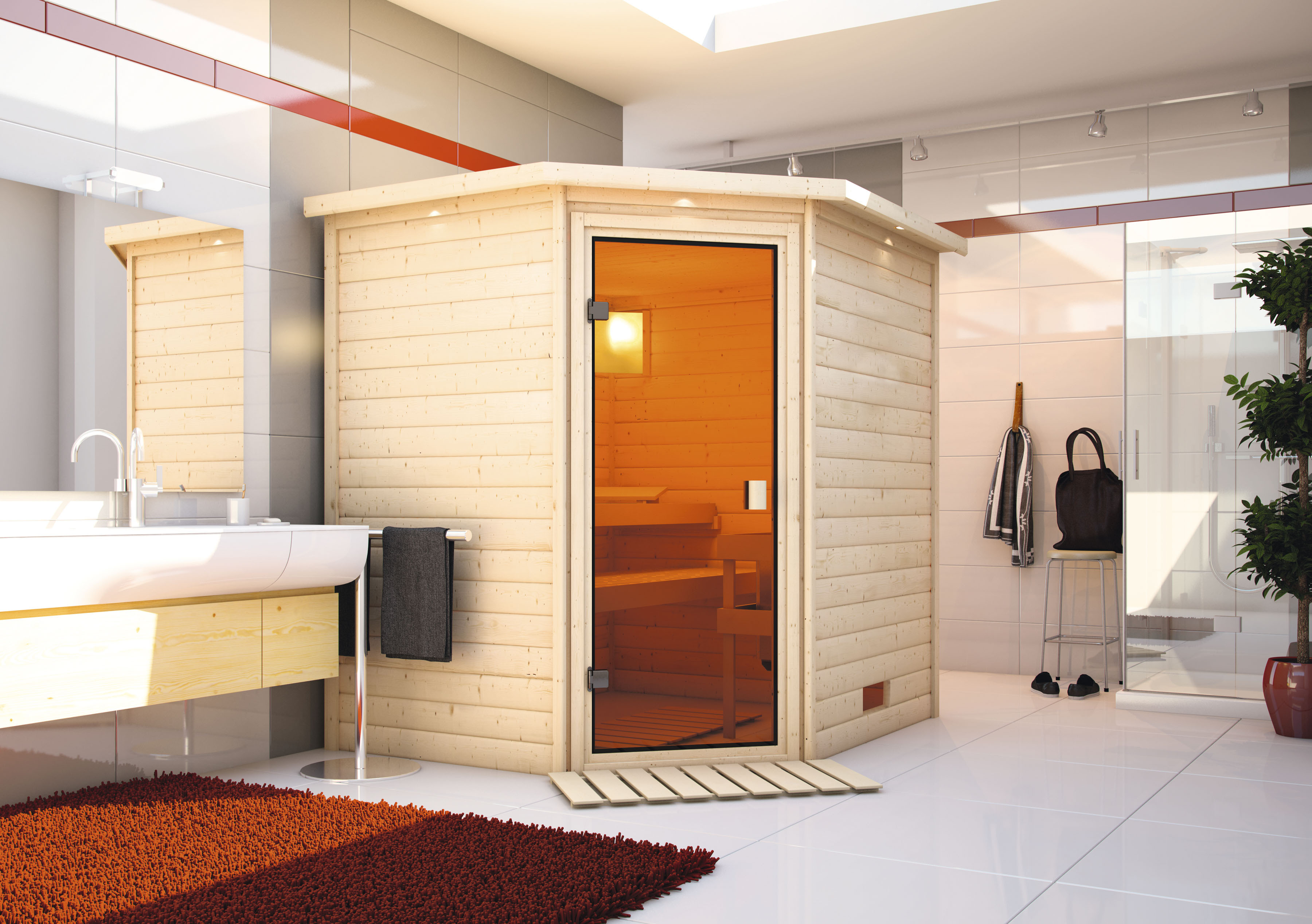 Sauna KARIBU "Mia (Fronteinstieg)", beige (naturbelassen), (ohne Ofen), Saunen, inklusive Ofenschutzgitter und Tür Image