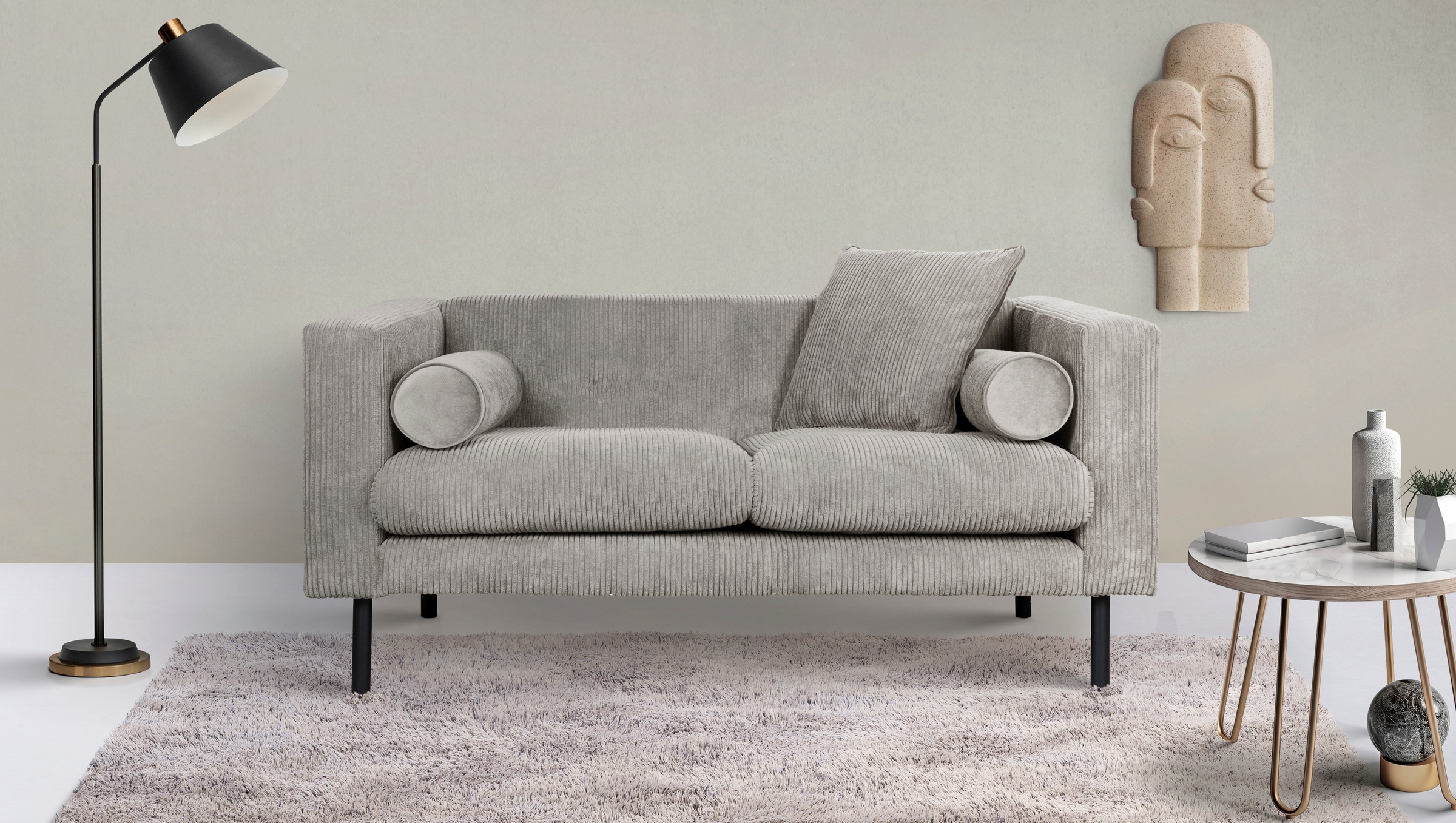 2-Sitzer HOME AFFAIRE "Lillibeth Designsofa mit Wellenunterfederung, Maße B/T/H: 155/74/83 cm", grau (taupe), B:155cm H:83cm T:74cm, 100% Polyester, Sofas, Zierkissen als Wendekissen, in Samtoptik oder Cord Image