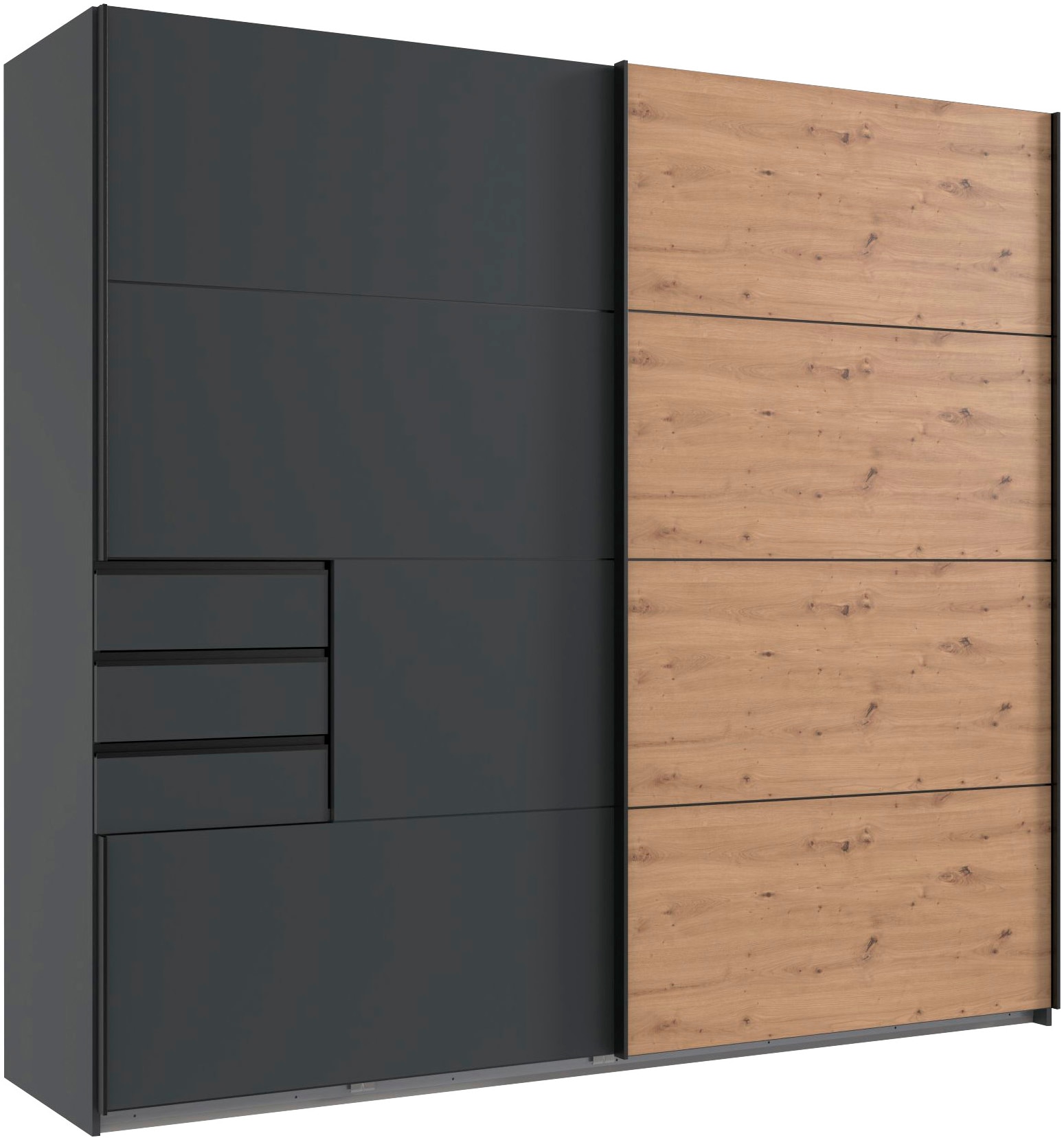 Schwebetürenschrank WIMEX "Saigon, mit kompletter Innenausstattung, Made in Germany", grau (graphit, durchgängige tür artisan eiche nachbildung), B:225cm H:208cm T:64cm, Spanplatte, Schränke, Schwebetürenschrank, Kleiderschrank 2-türig, 225cm breit,...