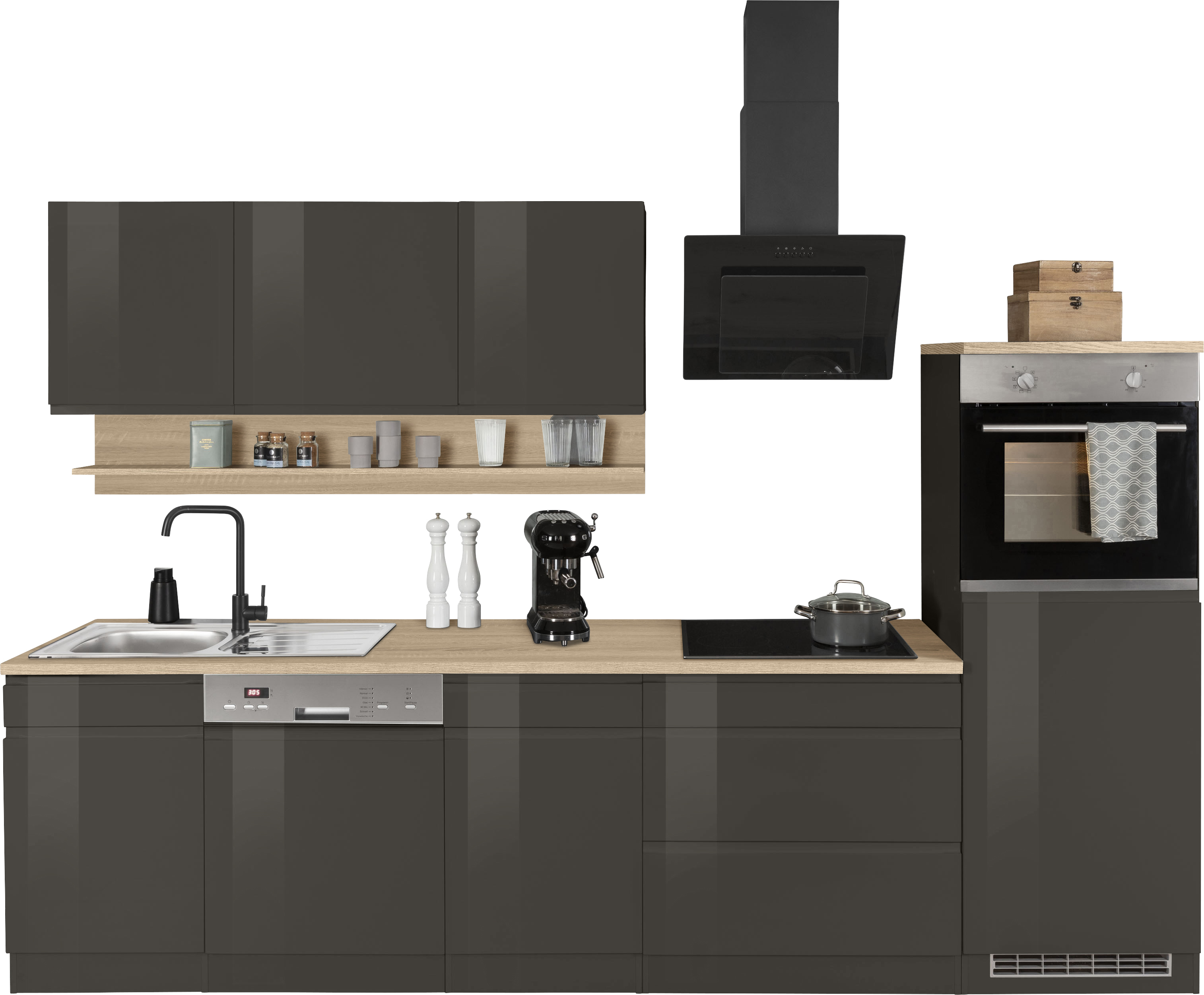 Küchenzeile KOCHSTATION "KS-Virginia", grau (küche: grau, front: grau hochglanz, korpus: graphit, arbeitsplatte: eiche sonoma), B:300cm H:200cm T:60cm, Komplettküchen-Sets, Breite 300 cm, ohne E-Geräte Image
