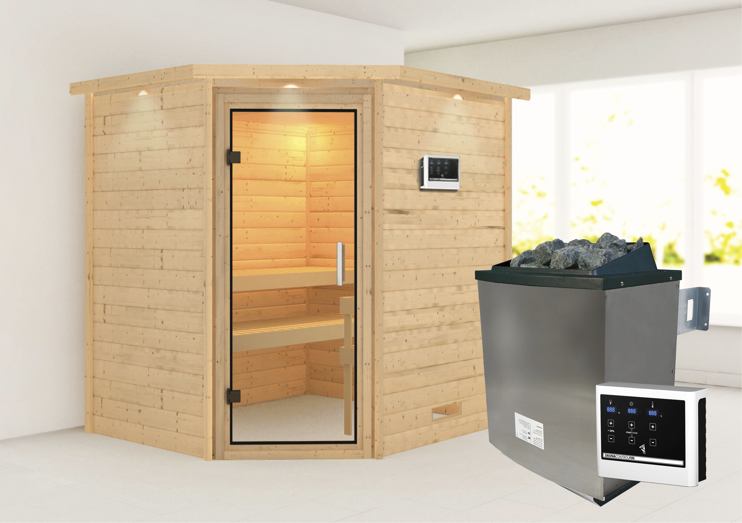 Sauna KARIBU "Mia (Fronteinstieg)", beige (naturbelassen), (ohne Ofen), Saunen, inklusive Ofenschutzgitter und Tür Image