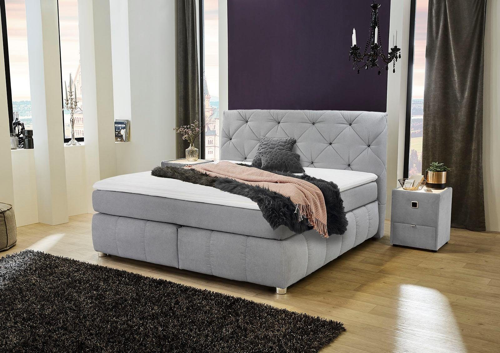 Boxspringbett JOCKENHÖFER GRUPPE "Bella erhältlich in 140 & 180cm Breite", grau (hellgrau 485, 29), B:190cm L:226cm, Bettgestell und seitliche Einfassung der Matratzen: Mikrofaser, Samtähnlich (100% Polyester);Topper: 100% Polyurethan, Bezug (100%... Image