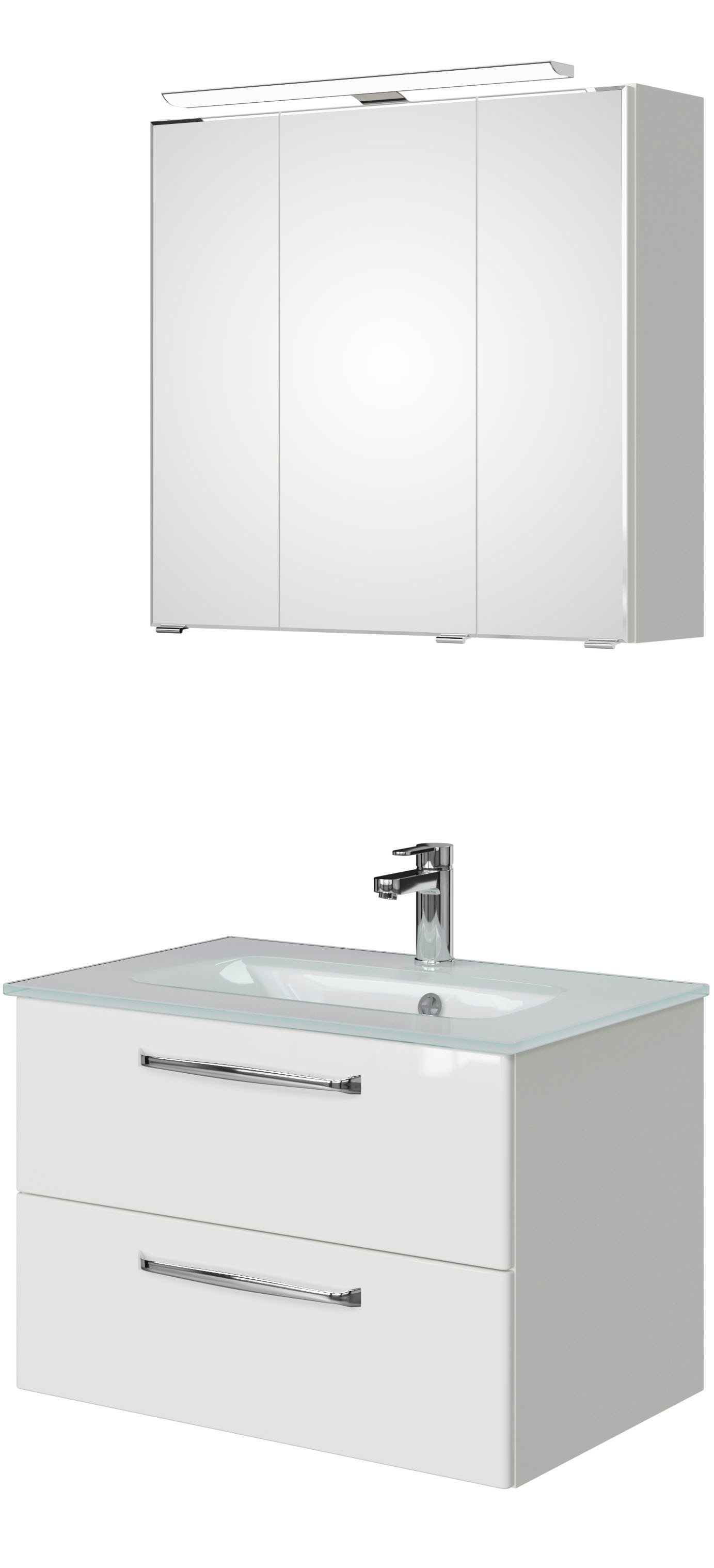 Badmöbel-Set SAPHIR "Trentino 2-teilig Glas-Waschtisch, Spiegelschrank mit LED-Leuchte", weiß (weiß hochglanz), Kastenmöbel-Sets, Badmöbel-Set 77cm breit, inkl. Türdämpfer, 3 Türen, 2 Auszügen Image