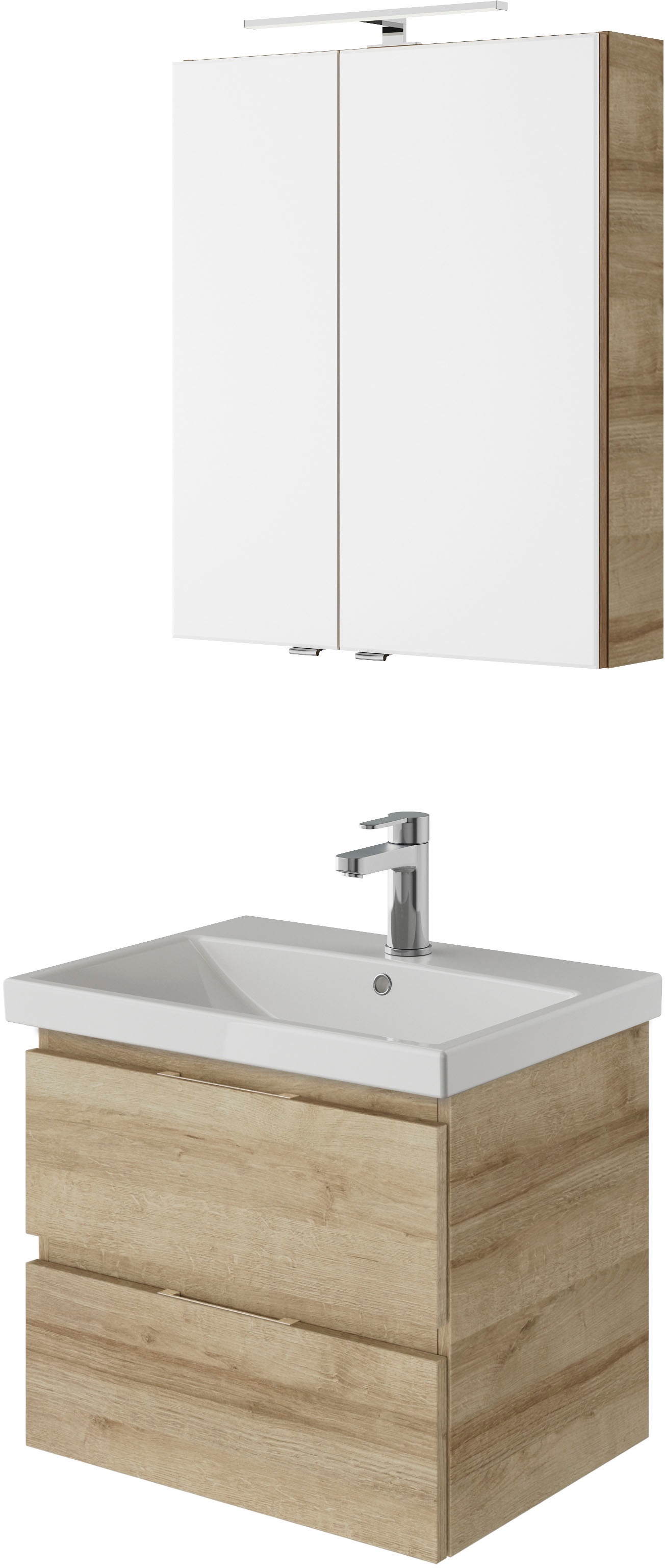 Badmöbel-Set SAPHIR "Serie 4035 2-teilig, Keramikwaschtisch mit LED-Spiegelschrank", braun (riviera eiche quer nachbildung), B:60cm H:200cm T:45cm, Spanplatte, Kastenmöbel-Sets, 60 cm breit, inkl. Türdämpfer, 2 Schubladen, 2 Türen, 2 Einlegeböden Image