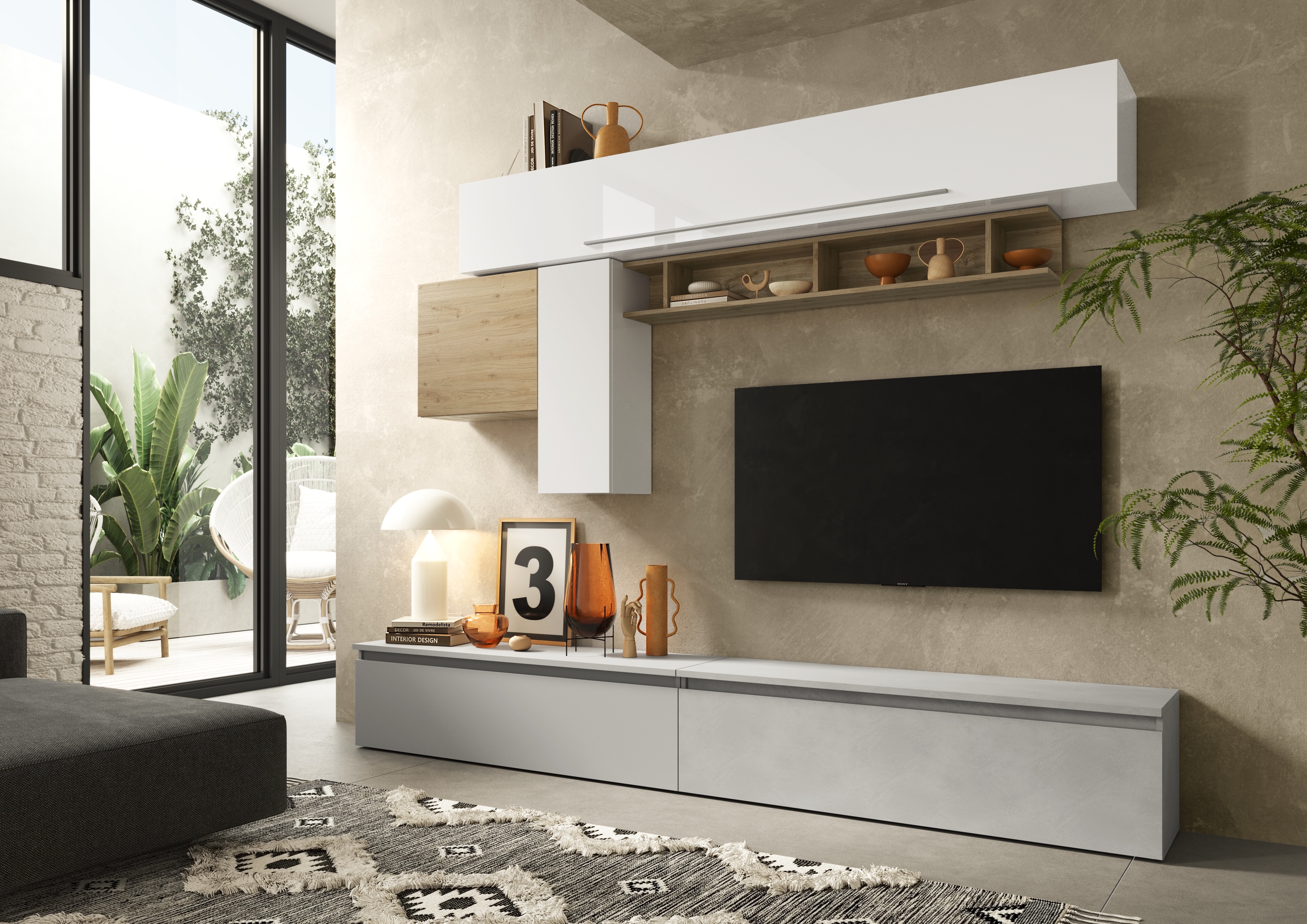 Wohnwand INOSIGN "Infinity, 6tlg. Breite 262 cm, Höhe variabel, Schrankw., (2x Lowboard", weiß (weiß hochglanz lack, kreidegrau (gesso), eiche cadiz nb), B:276cm H:187cm T:40cm, Kastenmöbel-Sets, Wohnwand, Hängeschrank mit Griff, Hängeschrank,...