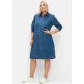 Jeanskleid SHEEGO "Jeanskleid", Damen, Gr. 56, Normalgrößen, blau (blau denim), 98% Baumwolle, 2% Elasthan, unifarben, knielang, Langarm, Kleider