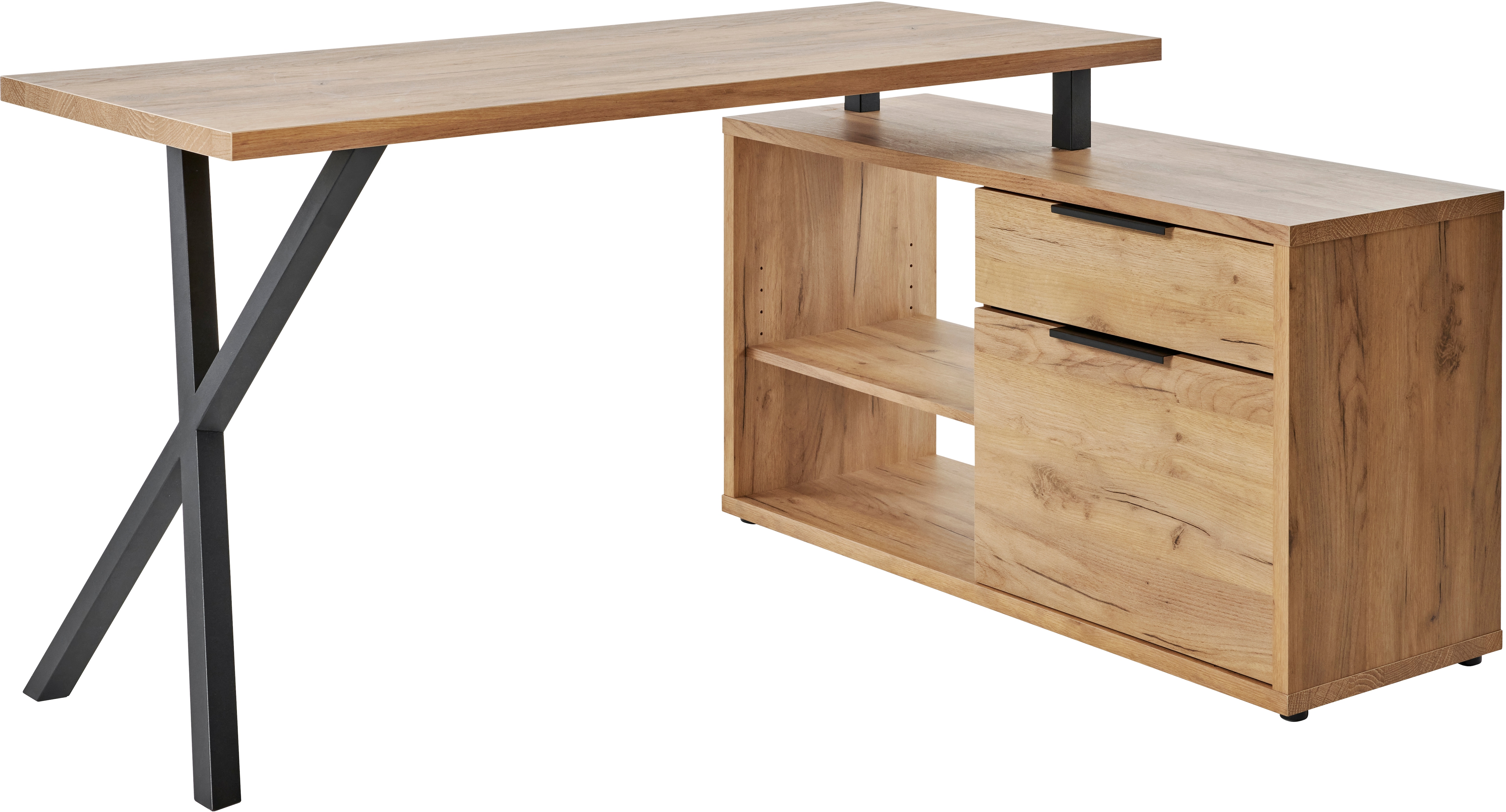 Schreibtisch JAHNKE "X-TRA C 145 E", braun (kerneiche, schwarz, schwarz, kerneiche, schwarz), B:150cm H:74cm T:110cm, Tische, Eckschreibtisch, wechselseitig montierbar, X-Gestell