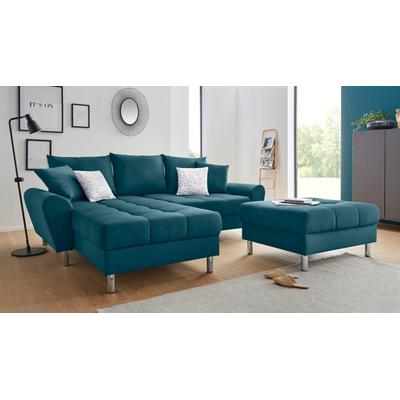 Ecksofa COLLECTION AB "Rada L-Form", blau (azur), B:235cm H:86cm T:188cm, Struktur (100% Polyester); Samtoptik (100% Polyester), Sofas, inklusive Hocker, Bettfunktion und Federkern Image