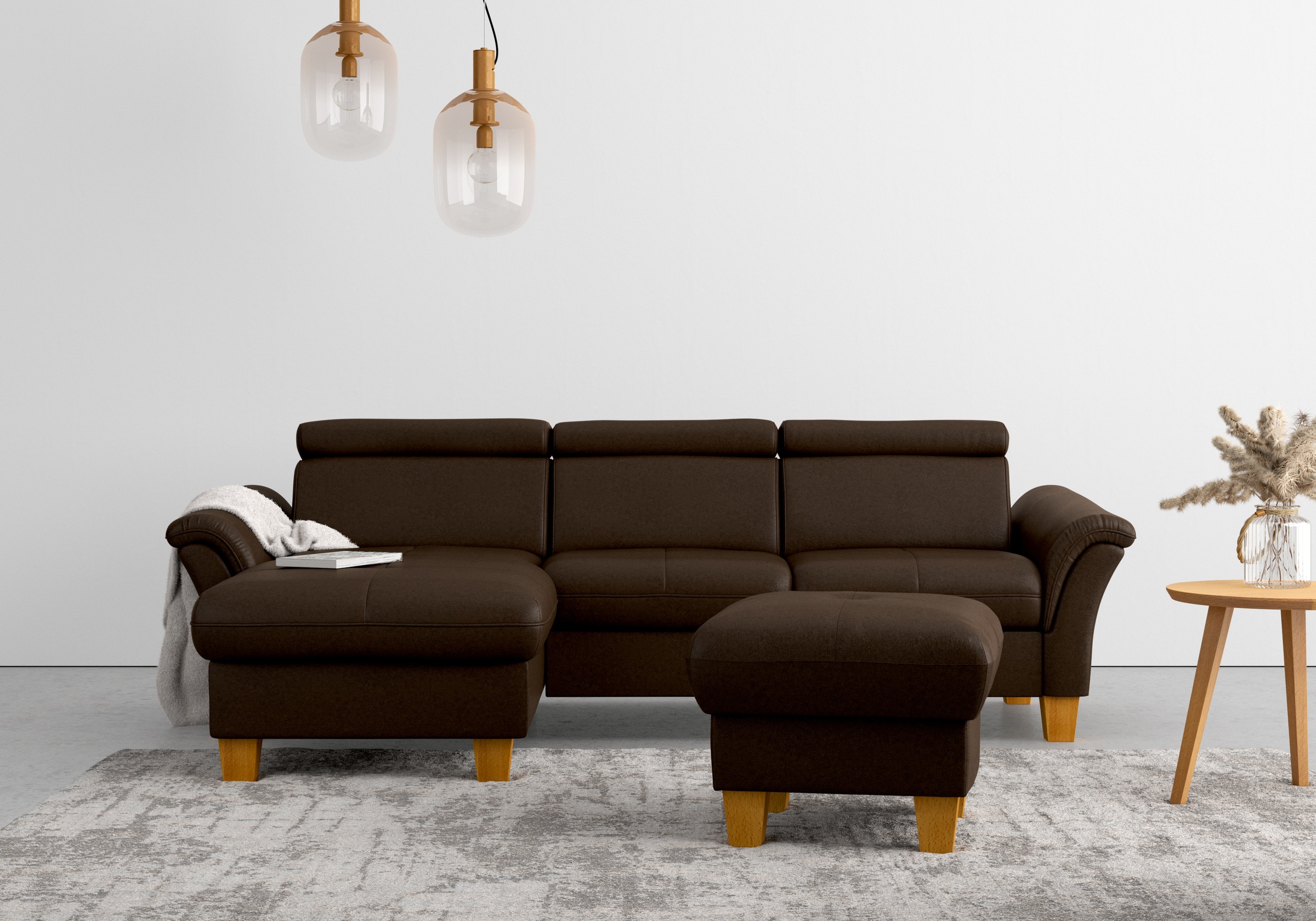 Ecksofa HOME AFFAIRE "Lindgren L-Form", braun (mocca), B:258cm H:84cm T:169cm, 100% Polyester, Sofas, wahlweise mit Bett mit klappbaren Rollen, Kasten und Kopfverstellung Image