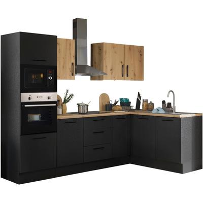 Winkelküche BASIC BY BALCULINA "Turin", schwarz (front: schwarz matt woodprint, artisan eichefarben, korpus: schwarz matt woodprint, arbeitsplatte: artisan eichefarben), B:270cm H:211cm T:60cm, Komplettküchen-Sets, Küchenzeile, Stellbreite 270x175... Image