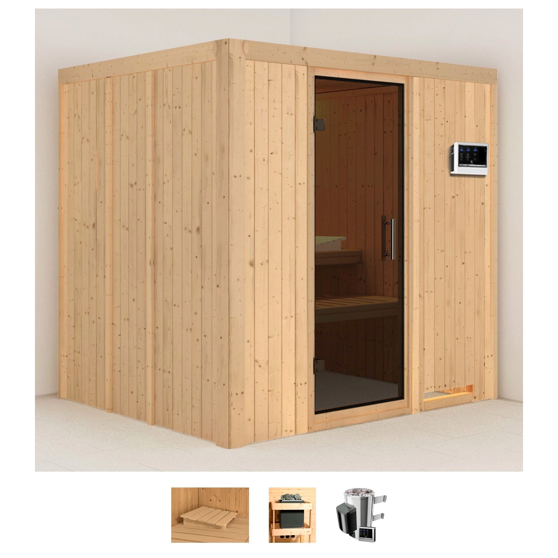 Sauna KARIBU "Dima", beige (naturbelassen), Saunaofen, externe Steuerung, 3,6, Saunen, 3,6-kW-Plug & Play Ofen mit externer Steuerung Image