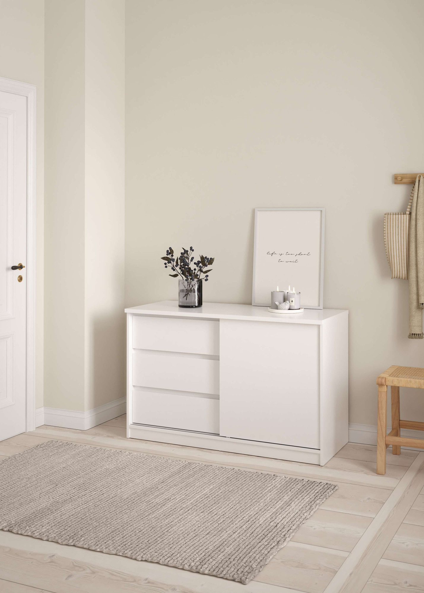 Sideboard INOSIGN "Naia Aufbewahrung, Schuhkommode, Stauraumkommode, Schuhschrank", weiß (weiß hochglanz), B:118,9cm H:75,6cm, Spanplatte, Sideboards, Kommode mit 1 Schiebetür und 3 Schubladen, Breite 119 cm, Höhe 76 cm