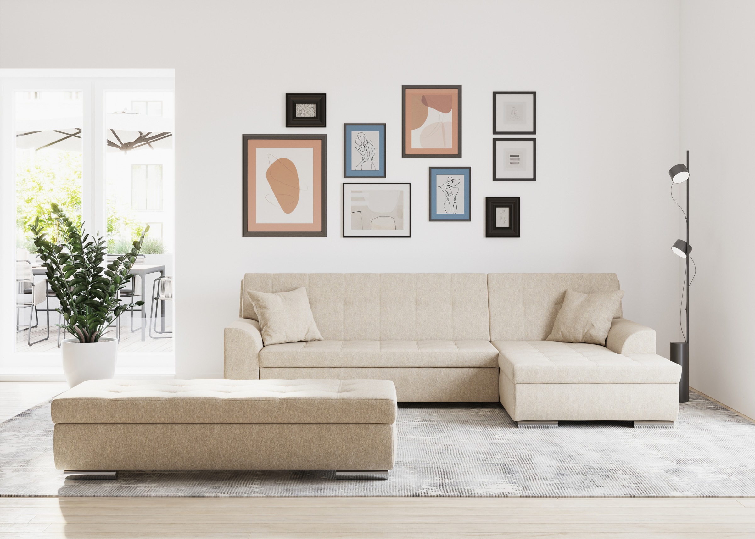 Ecksofa DOMO COLLECTION "Treviso viele Bezüge, auch in Cord, L-Form, B/T/H: 267/80/83 cm", beige, B:267cm H:83cm T:178cm, 95% Polyester, 5% Nylon, Sofas, wahlweise mit Bettfunktion, incl. Zierkissen, hochwertige Steppung, Topseller Image