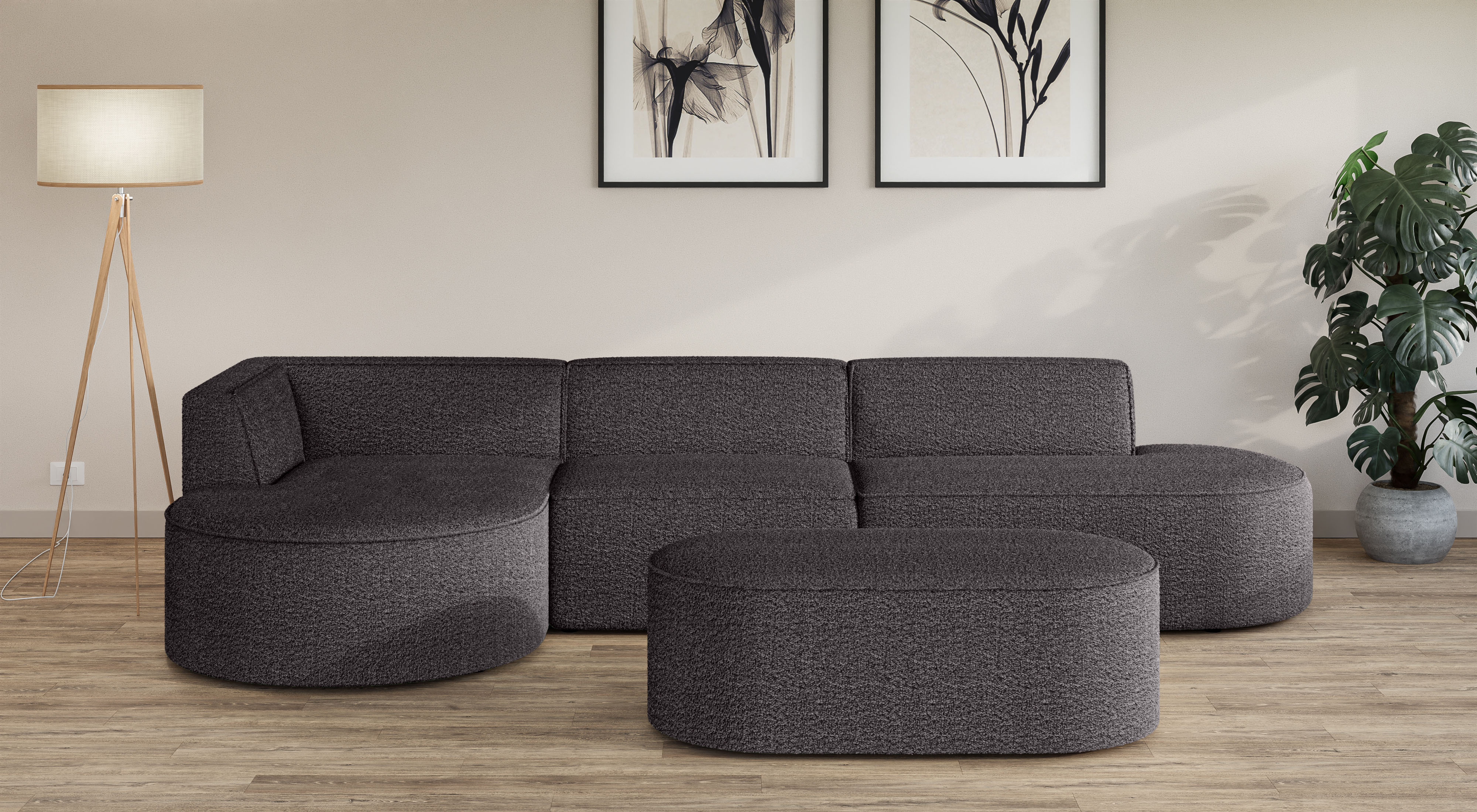 Ecksofa ANDAS "EIVIND Designer Sofa mit Ottomane rechts/links, B/T/H: 343/159/72 cm", grau (anthrazit), B:343cm H:72cm T:159cm, 100% Polyester, Sofas, L-Form mit Wellenunterfederung, auch in Feincord und Bouclé