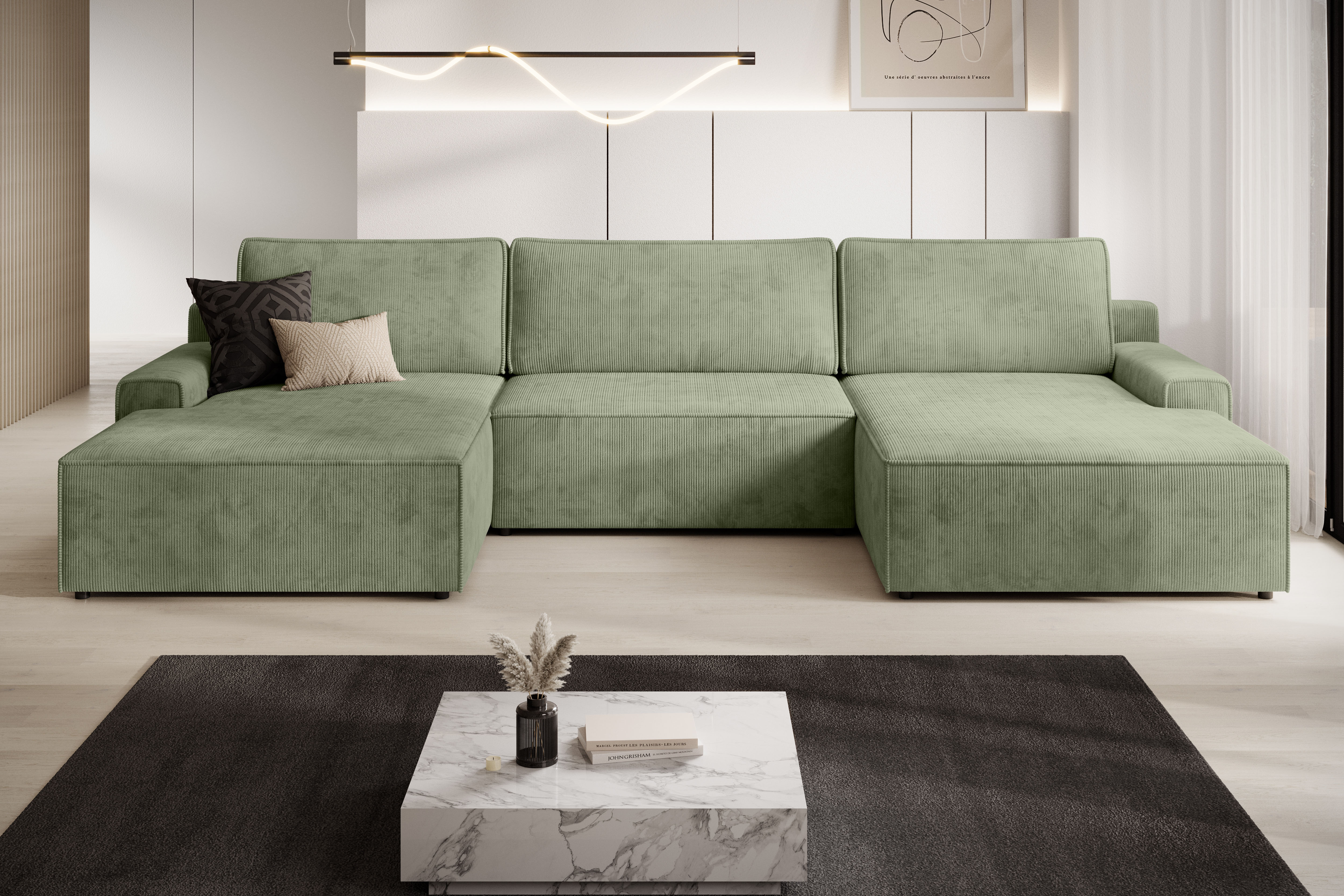 Wohnlandschaft TRENDMANUFAKTUR "Challenge, Schlafsofa mit Bettkasten, Couch in U-Form, Breite 333 cm", grün (mayfly), B:333cm H:98cm T:168cm, 88% Polyester / 12% Nylon, Sofas, Wohnlandschaft, XXL Sofa mit Bettkasten & Schlaffunktion, auch in...
