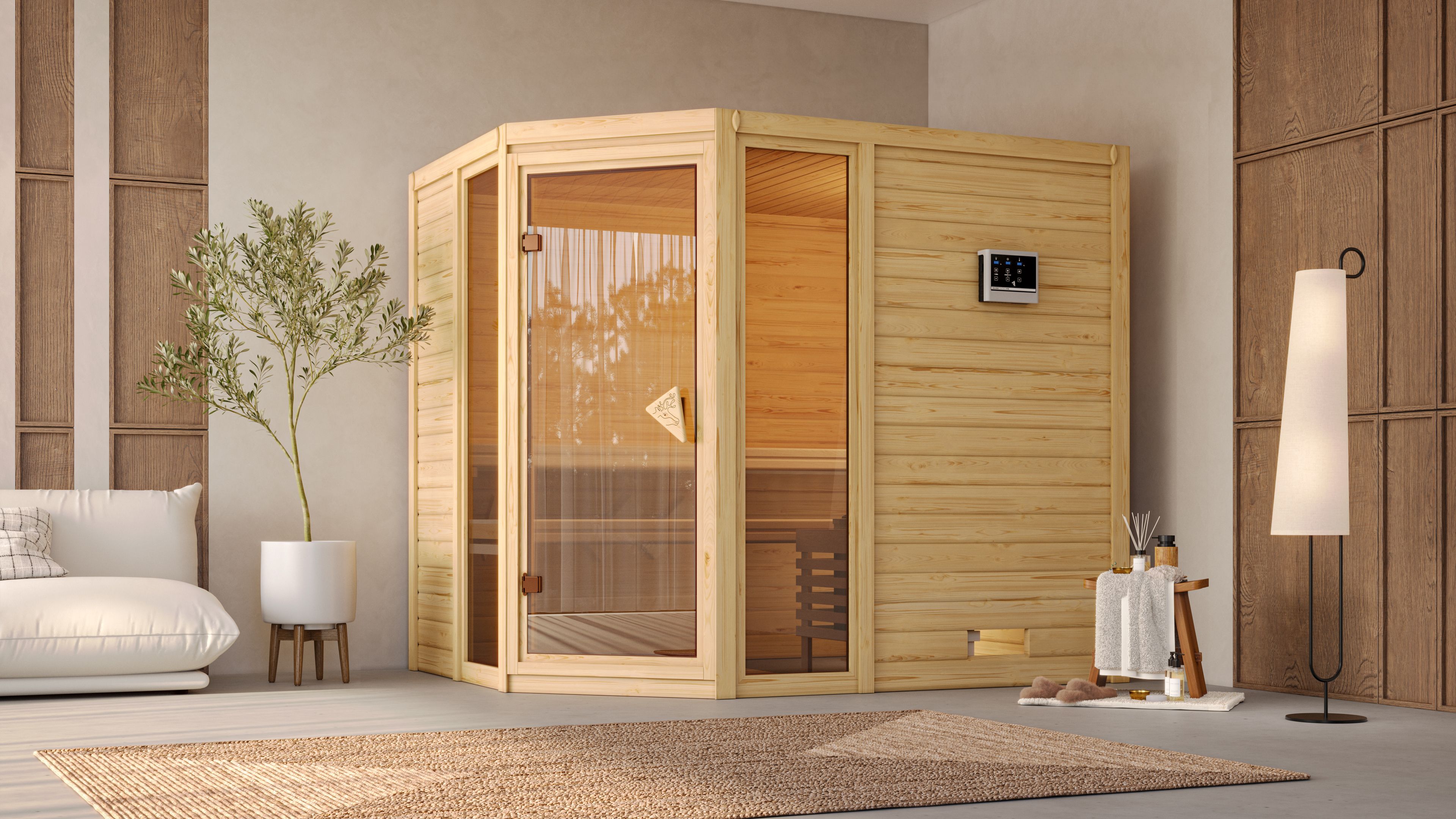 Sauna KARIBU "Sina 3", beige (naturbelassen), Saunaofen, externe Steuerung, 9 kW, Saunen, 9-kW-Ofen mit externer Steuerung