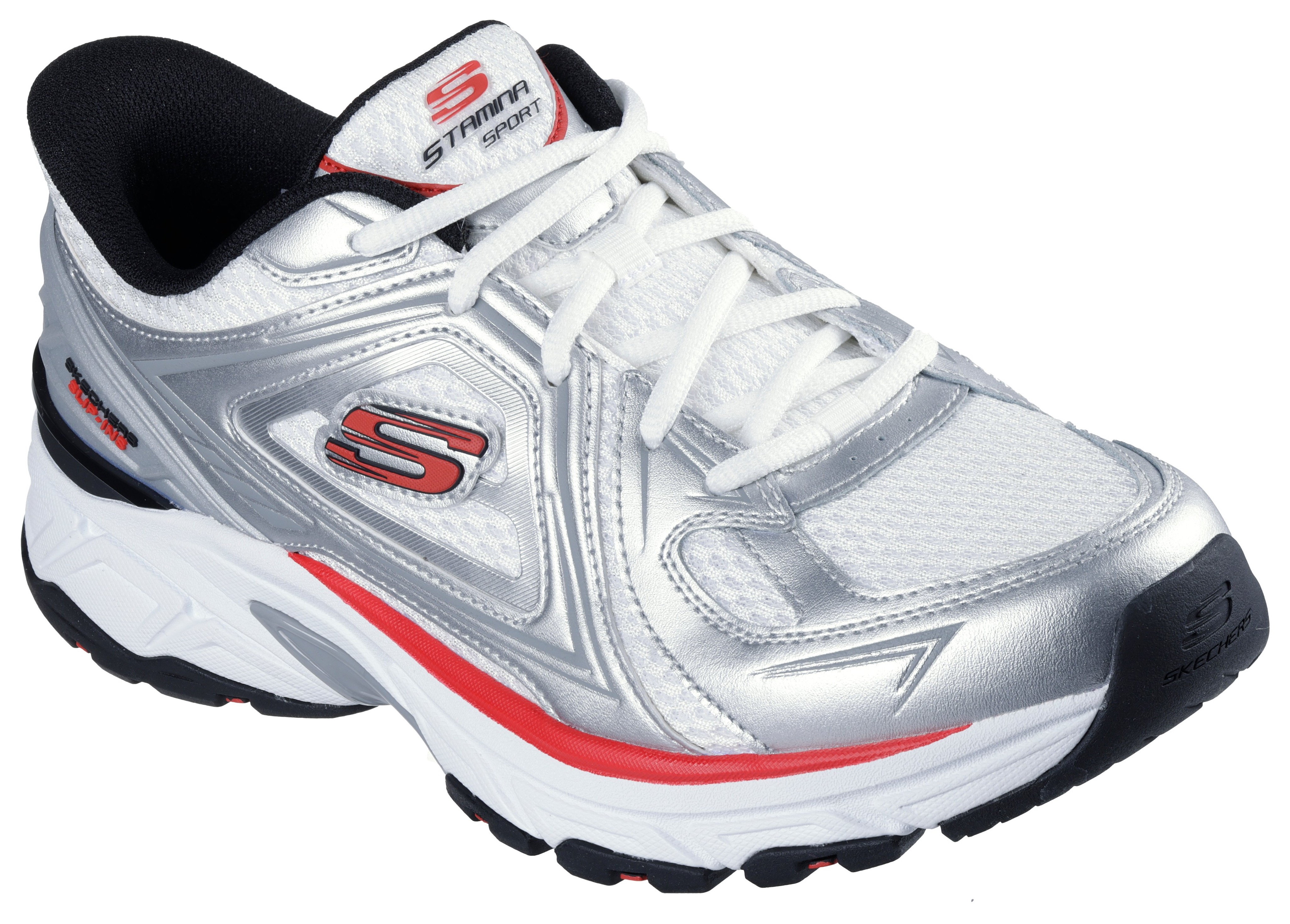 Slip-On Sneaker SKECHERS "STAMINA SPORT", Herren, Gr. 46, silber (weiß, silberfarben), Leder, Mesh, Schuhe, Trainingsschuh, Retro Sneaker mit Slip-ins