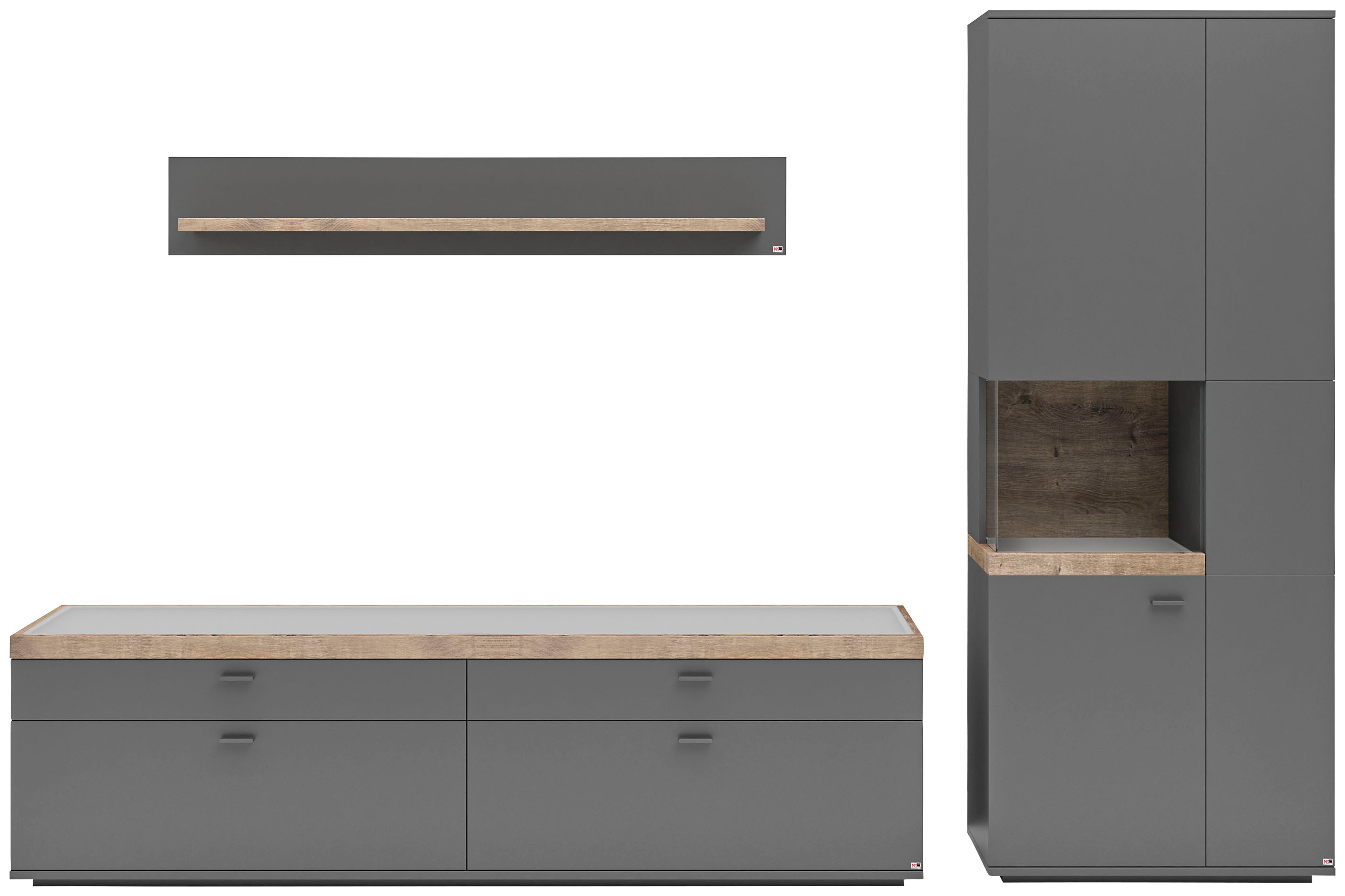 Wohnwand "Lancaster", grau (grau mit eiche ribbeck cognac), B:300cm H:206,2cm T:43,6cm, SET ONE BY MUSTERRING, Kastenmöbel-Sets, 3-teilig mit Fronten in weiß oder grau, Breite ca. 300cm