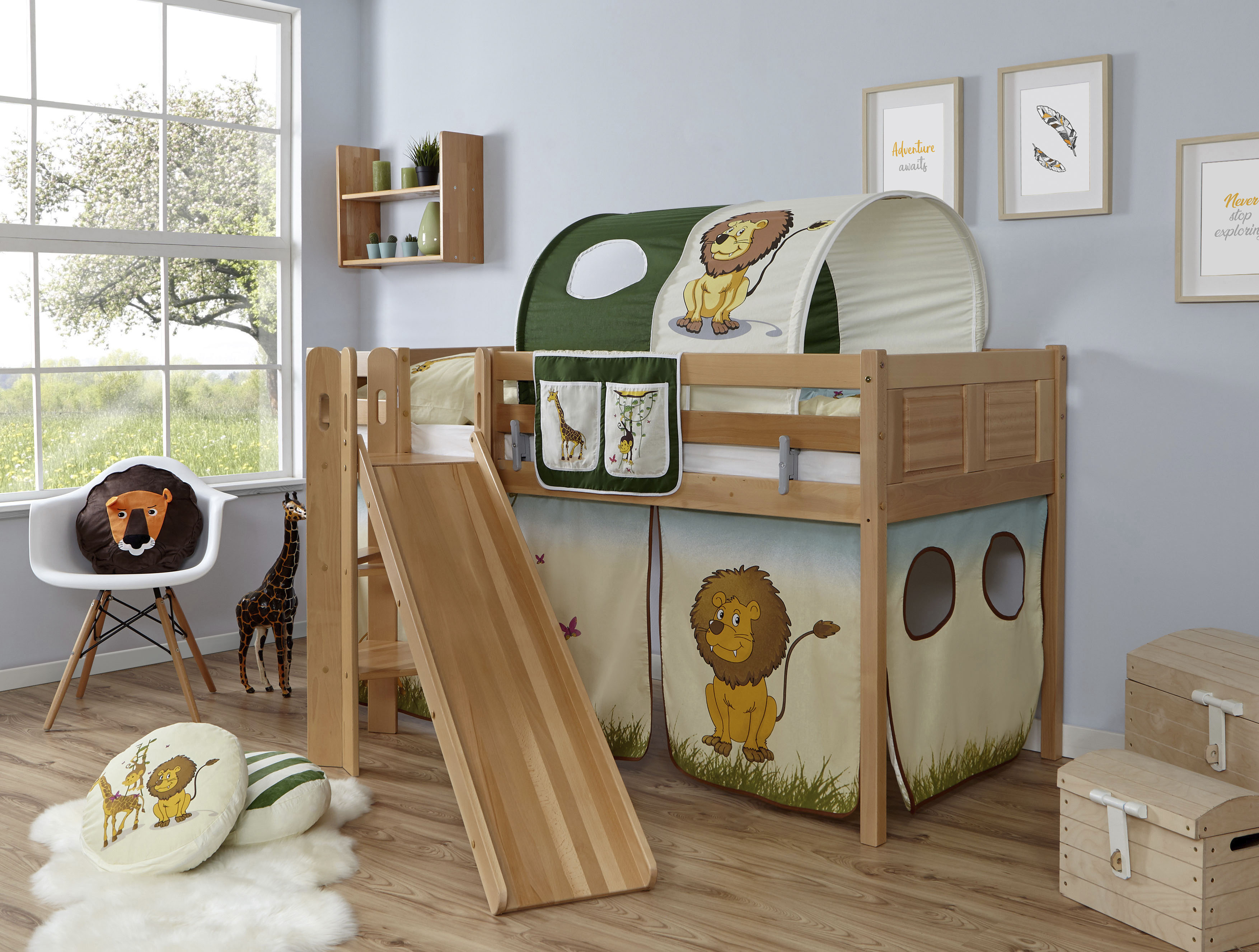 Hochbett TICAA "Ekki", beige (buche natur lackiert, safari), B:179cm H:113cm L:205cm, Hochbetten, Hochbett, mit Rollrost und Textil-Set wahlweise mit Matratze, Buche