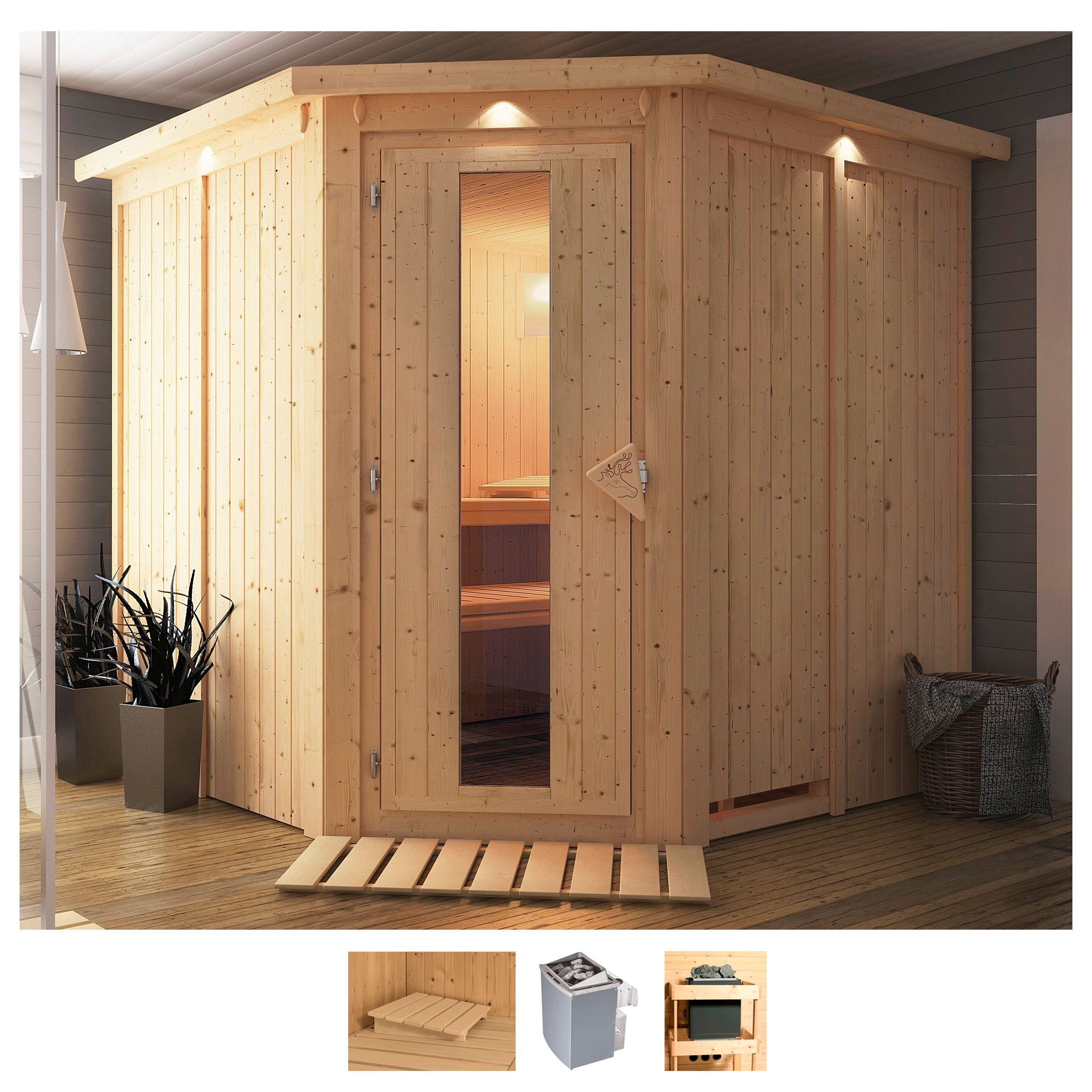 Sauna KARIBU "Jarin", beige (naturbelassen), Saunaofen, integrierte Steuerung, 9 kW, Saunen, Ofen 9 kW integr. Strg
