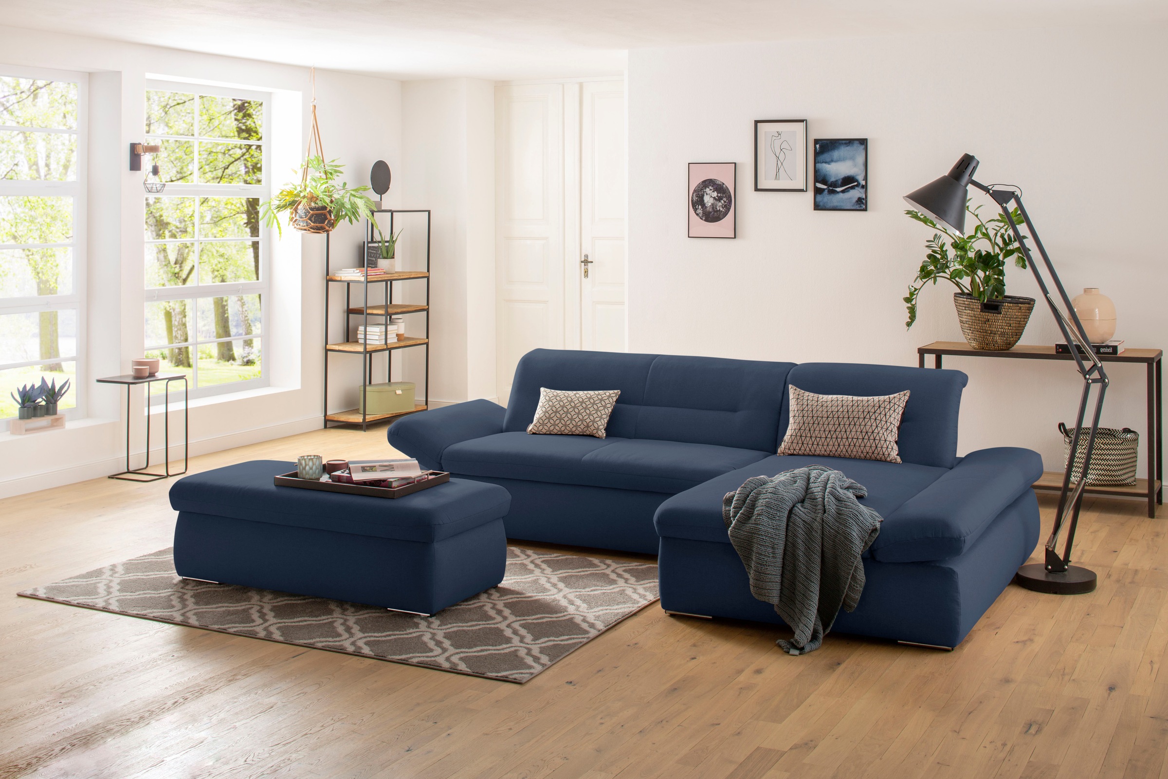 Ecksofa INOSIGN "Avesa L-Form", blau (dunkelblau), B:300cm H:80cm T:172cm, 100% Polyester, Sofas, Wahlweise mit Armteilvertsellung und Bettfunktion, B/T/H: 300/172/80cm Image