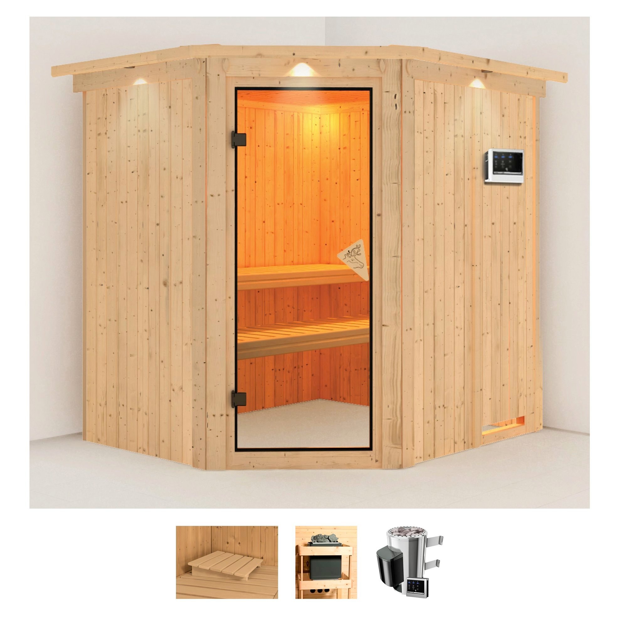 Sauna KARIBU "Laila", beige (naturbelassen), Saunaofen, externe Steuerung, 3,6 kW, Saunen, Ofen 3,6 kW externe Strg.easy