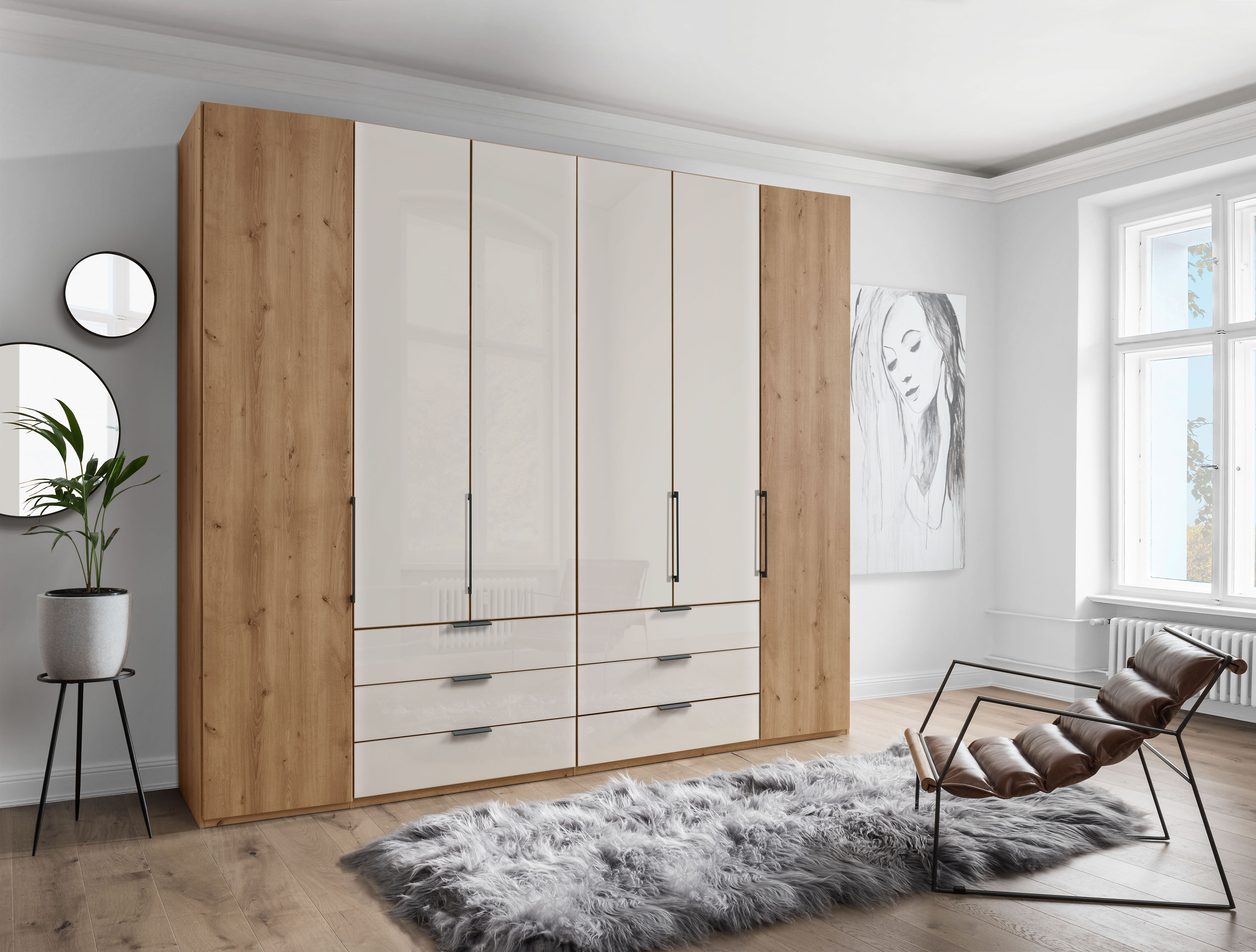 Falttürenschrank WIEMANN "Monaco", braun (bianco, eiche, nachbildung, glas champagner), B:246,9cm H:216cm T:58cm, Floatglas, Holzwerkstoff, Schränke, Kleiderschrank Drehtürenschrank, Teil-Glasfront sowie hochwertige Beschläge inkl. Schubladendämpfung Image