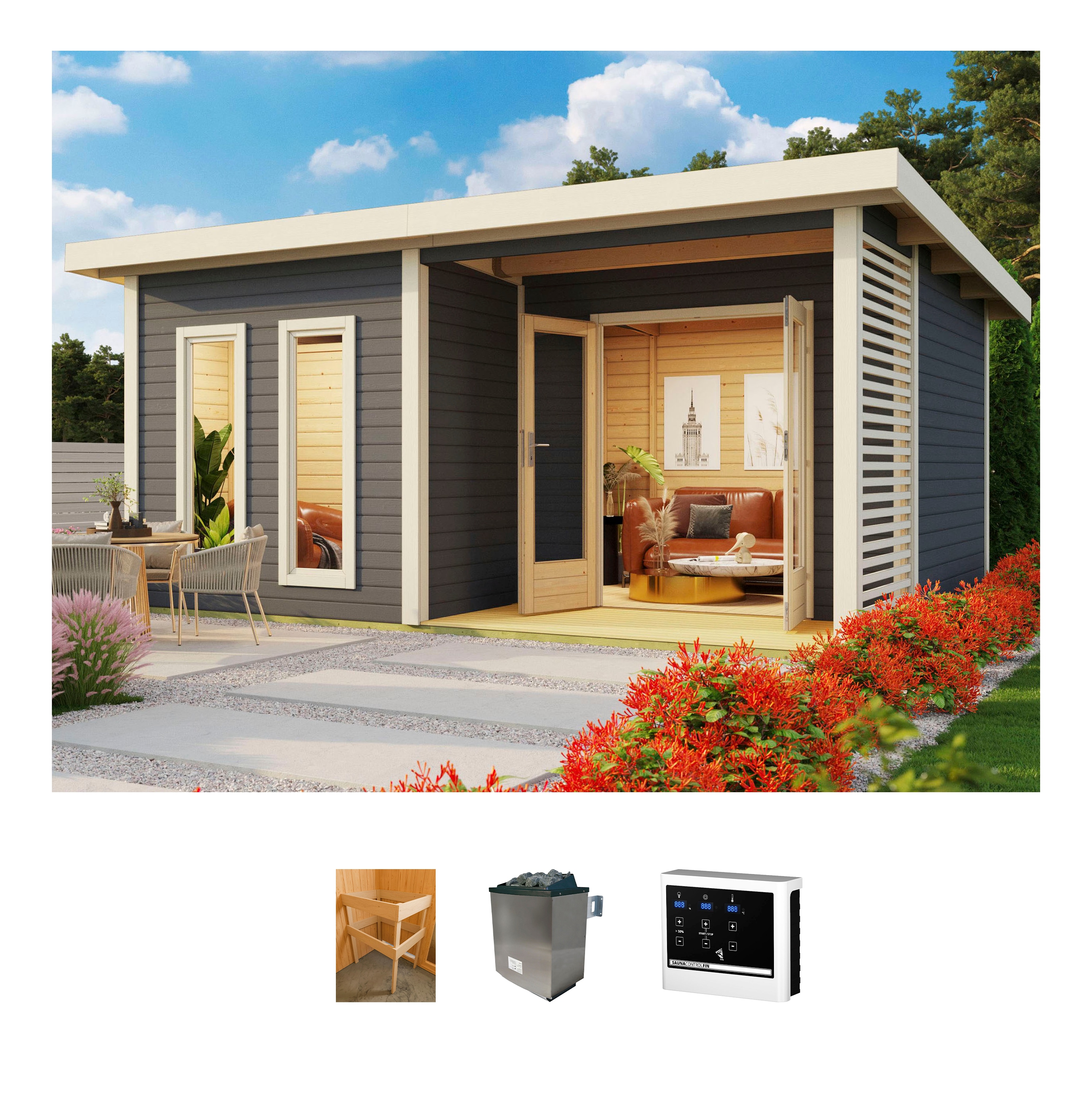 Saunahaus KONIFERA "Maiko 5 SET A", grau (terragrau), Saunaofen, externe Steuerung, 9 kW, Saunen, terragrau, mit Ofen 9 kW ext. Steuerung