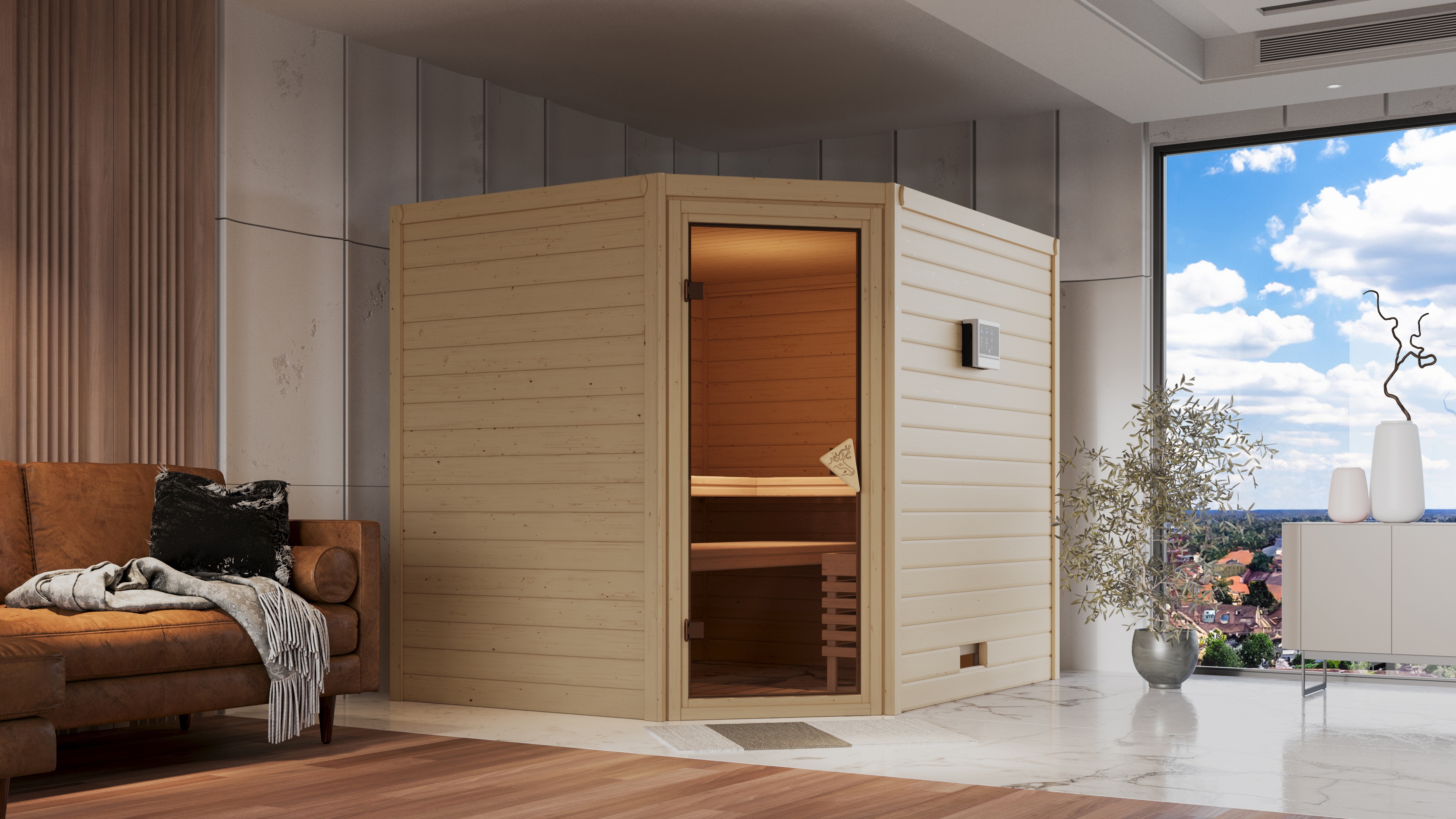 Sauna KARIBU "Talida", beige (naturbelassen), Bio-Kombiofen, externe Steuerung, 9 kW, Saunen, Ofen 9 kW Bio externe Strg easy
