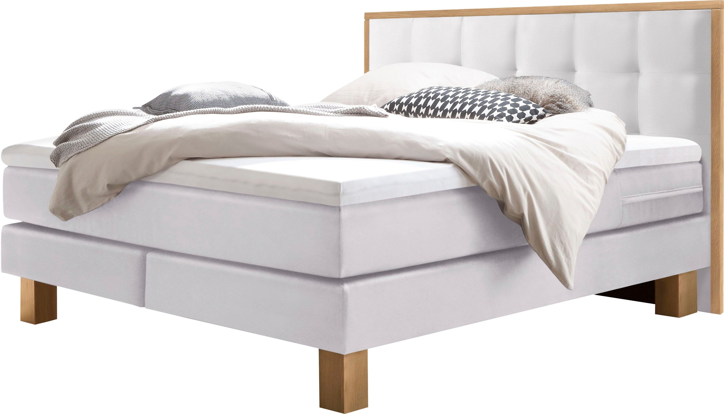 Boxspringbett HASENA "Cottage", braun (weiß, eiche bianco), B:168cm L:210cm, Komplettbetten, Boxspringbett, stabile Eichenfüsse, gepolsterte Kopfteile mit Eiche gerahmt Image