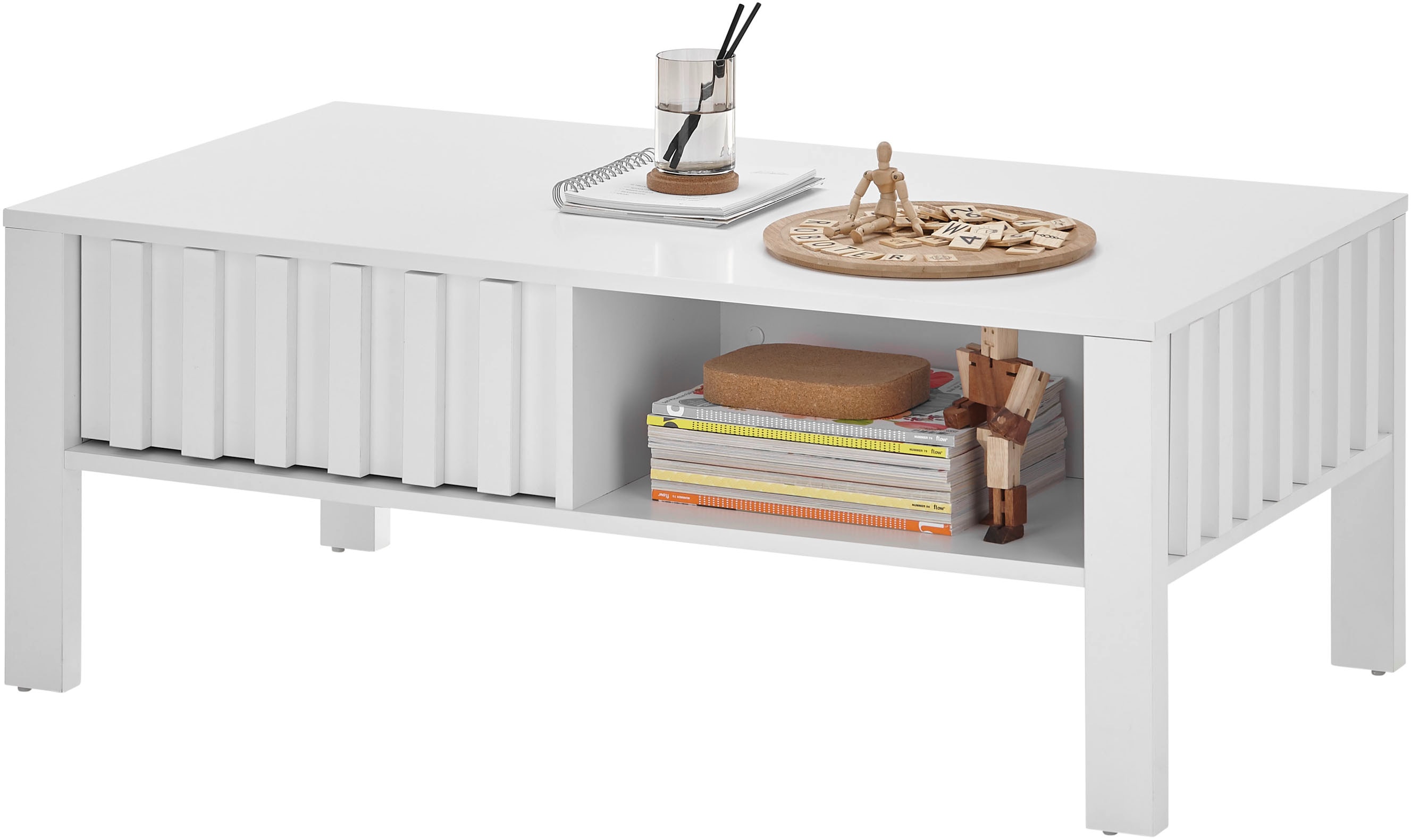 Couchtisch STOLKOM "Mao weiß matt, Wohnzimmertisch, BxHxT 108x42,5x60 cm", weiß (weiß dekor, weiß dekor, weiß dekor), H:42,5cm, Tische, Lamellen Optik, 1 Schublade und 1 offenes Fach