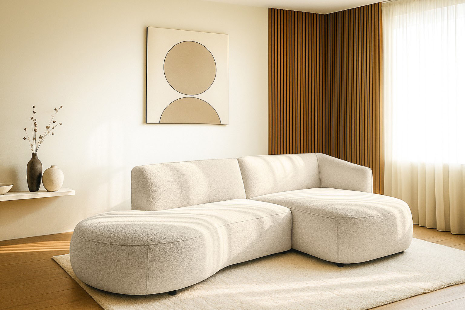 Ecksofa HOME AFFAIRE "OSTRUP Rundsofa, L-Form, Naturtöne, Boucle", weiß (ivory), B:278cm H:73cm T:152cm, 100% Polyester, Sofas, Ecksofa, Breite 278 cm, organische Form mit sanften Rundungen