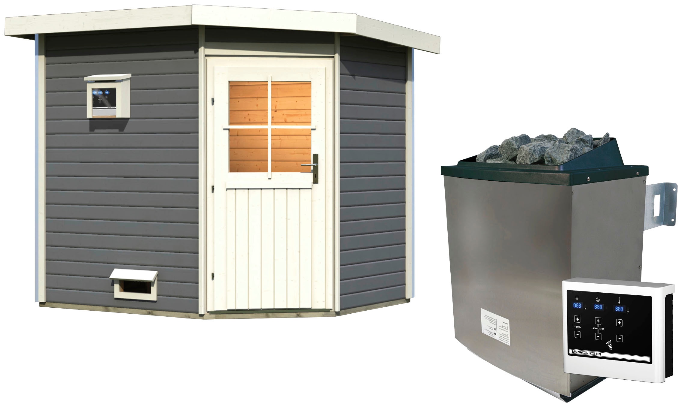 Saunahaus KARIBU "Tore", grau (terragrau), Saunaofen, externe Steuerung, 9 kW, Saunen, klassiche Tür, Ofen 9 KW externe Strg Easy Image