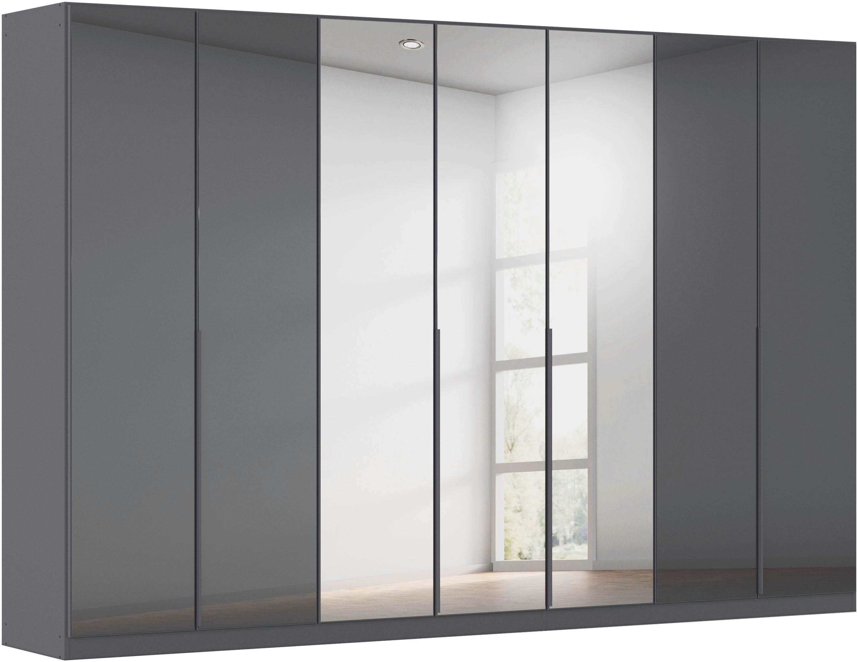 Drehtürenschrank RAUCH "Kleiderschrank Kleiderschränke Schrank Garderobe AGORDO mit Glasfront", grau (graumetallic, glas basalt), B:315cm H:210cm T:54cm, Holzwerkstoff, Schränke, durchdachte Innenausstattung, in 7 Breiten und 2 Höhen MADE IN GERMANY Image